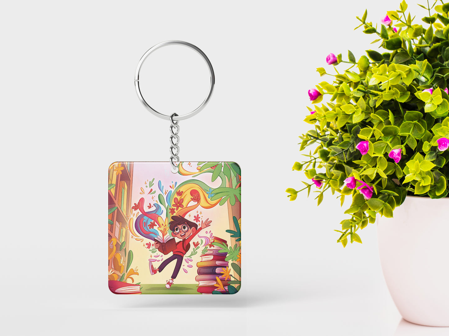 Colorful School Library Books Printed Square Shape Wooden Keyring with Chain