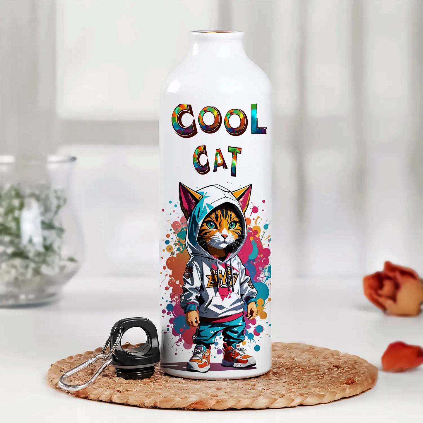 Cool Cat Printed Aluminum Sipper Water Bottle 750 ml For Gym, Yoga, Kids, Boys, Girls, Brother, Sister, Babies, Baby, Workout, Adults