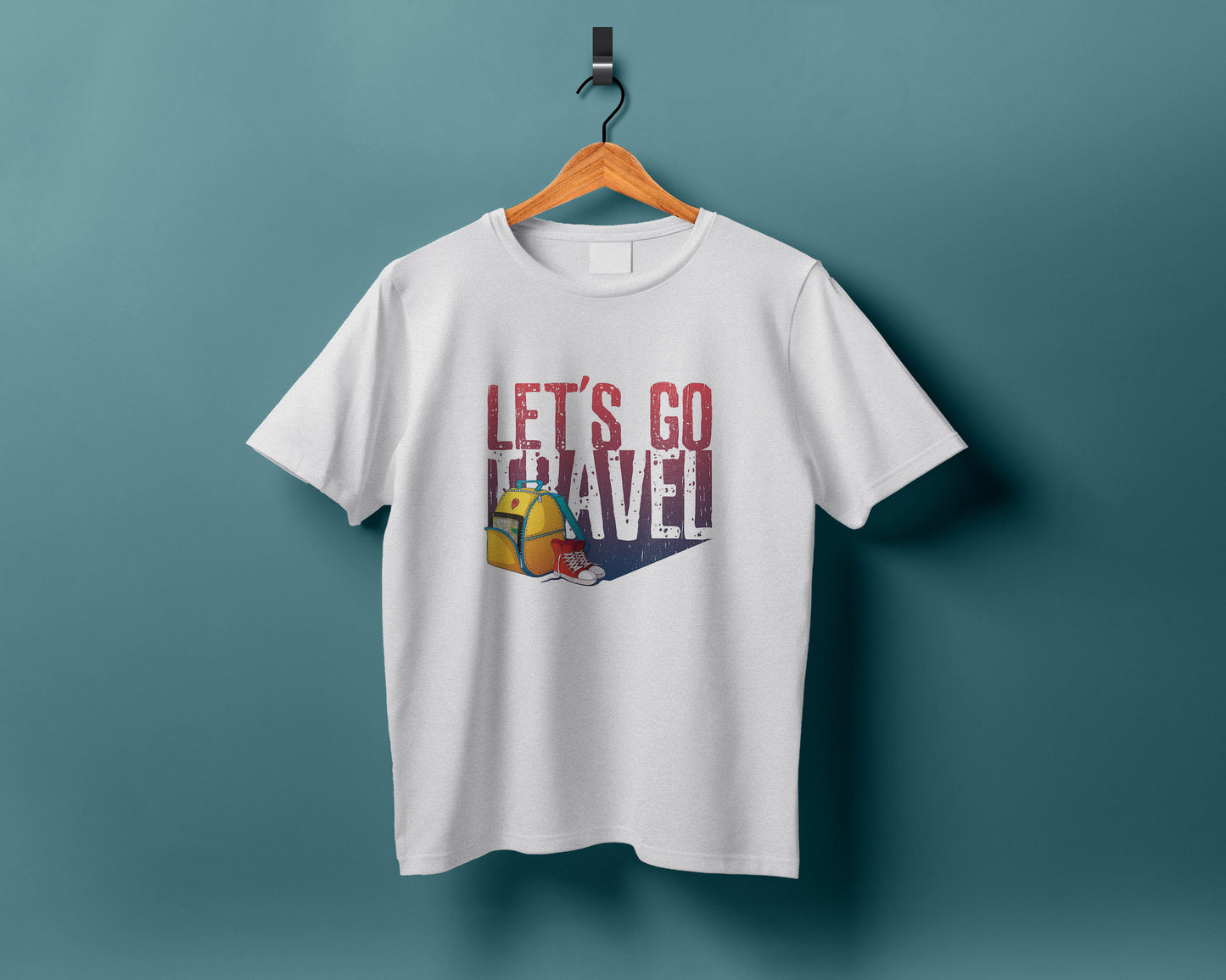 Motivational poster, placard, picture with grunge texture, red sneakers, yellow backpack Printed White Round Neck Polyester T Shirt for Mens and woman's