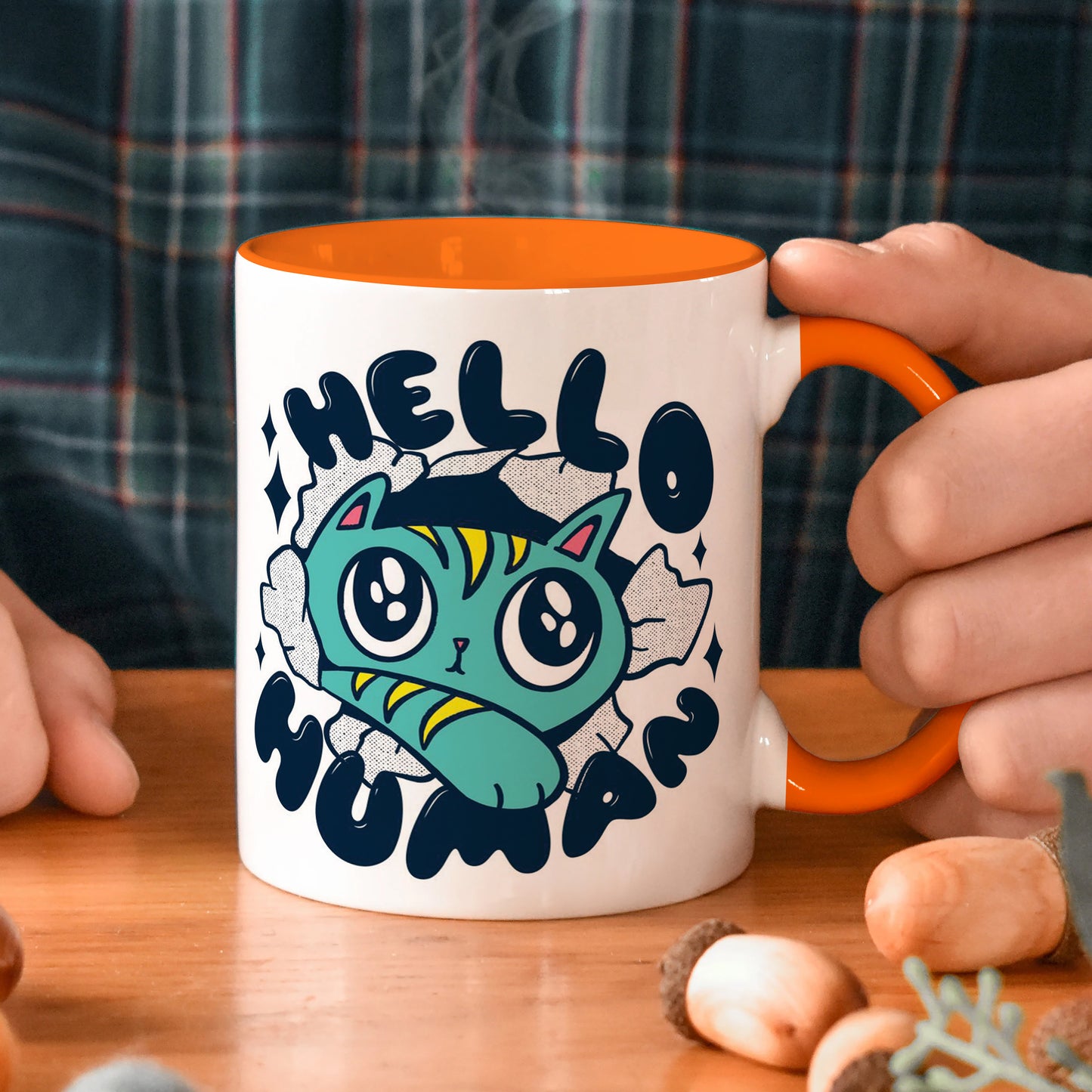 Cute Cat saying hello Human design Orange Handle 330 ml Coffee Mug