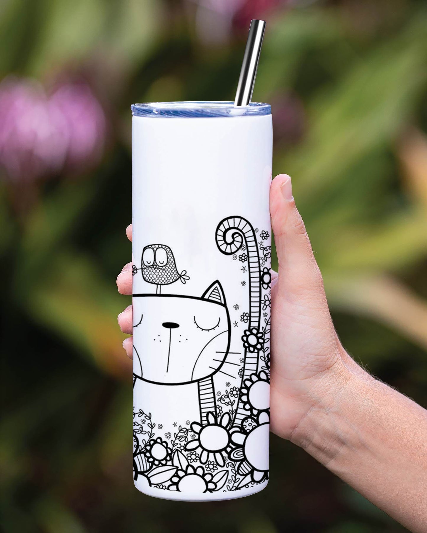Black in white doodle art cat and birds Printed 750ML with Lid Leak Proof Travel Tumbler with Straw