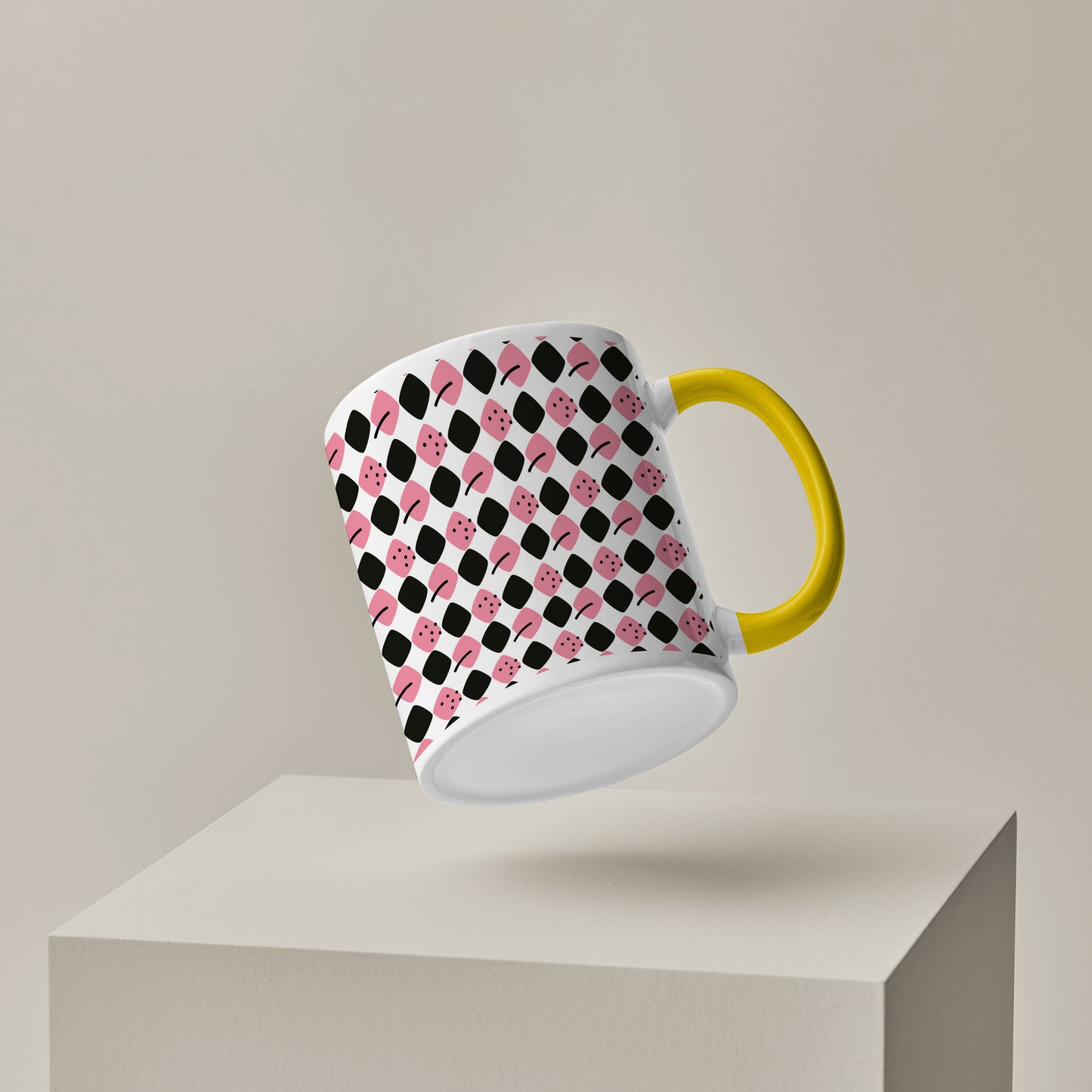 Black N Pink square vector leaves pattern Pattern Yellow Handle 330 ml Coffee Mug