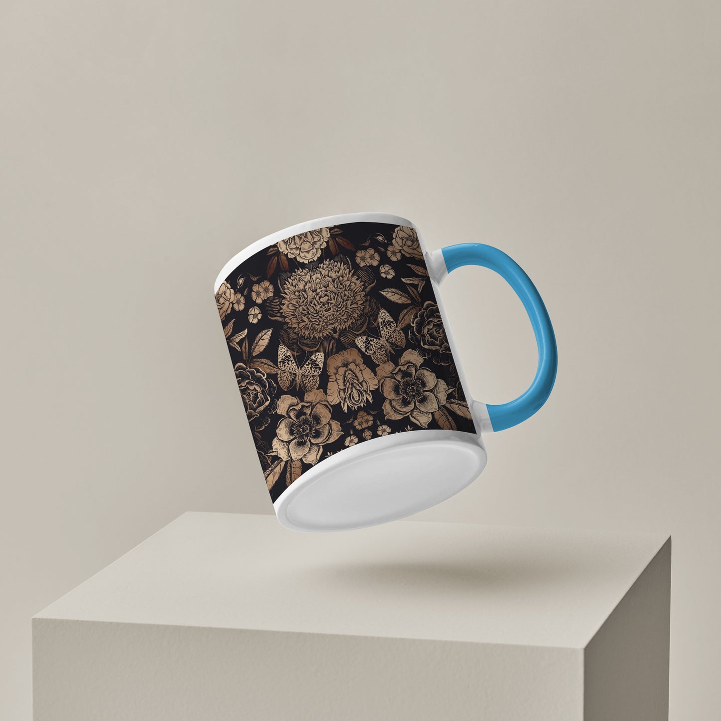 Gold flowers design Pattern Sky Blue Handle 330 ml Coffee Mug