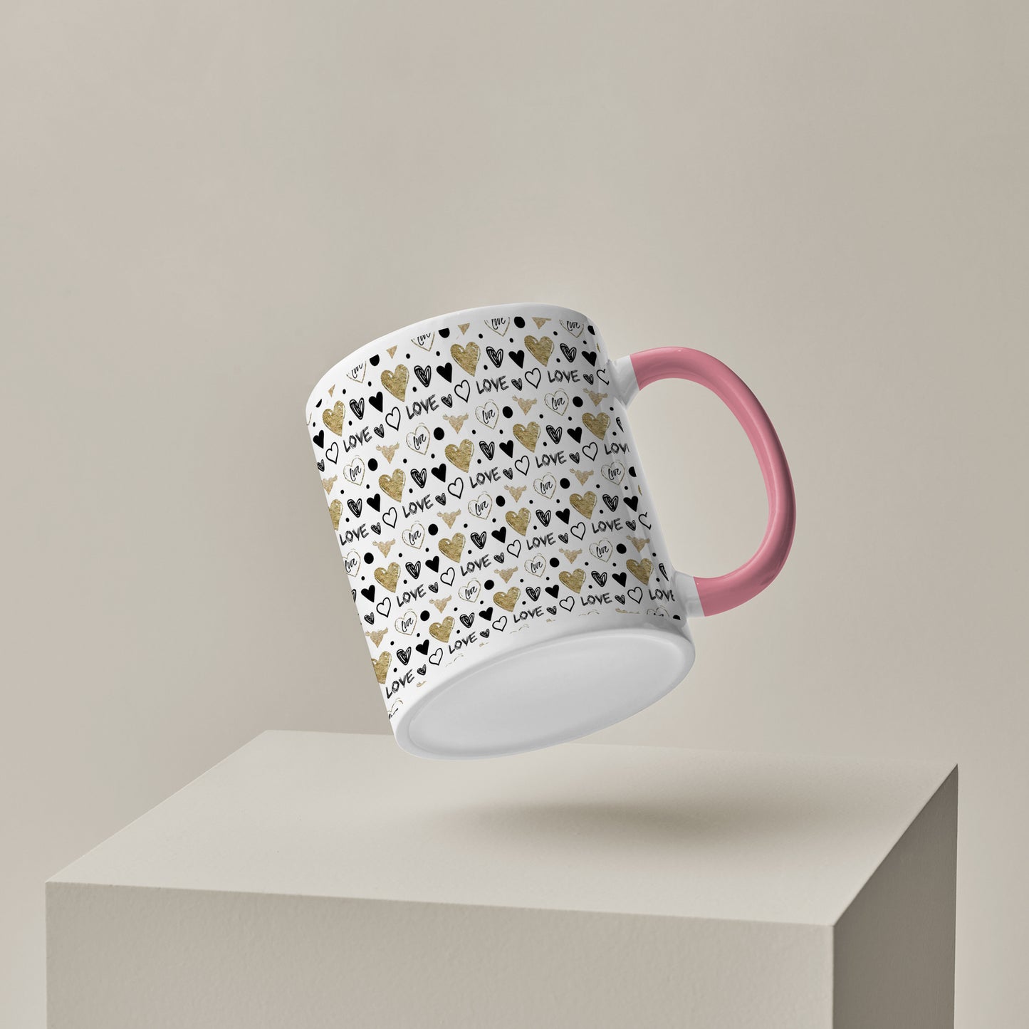 Hand drawn golden and black hearts design Pattern Lite Pink Handle 330 ml Coffee Mug