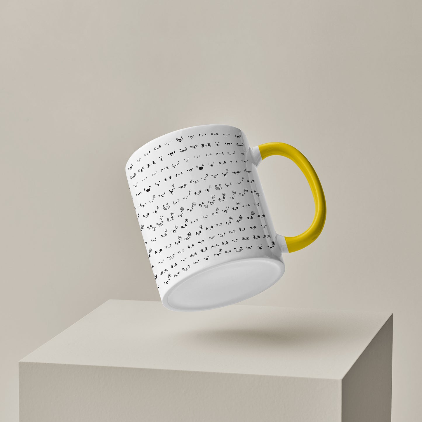 kawaii faces doodle art design pattern design Pattern Yellow Handle 330 ml Coffee Mug