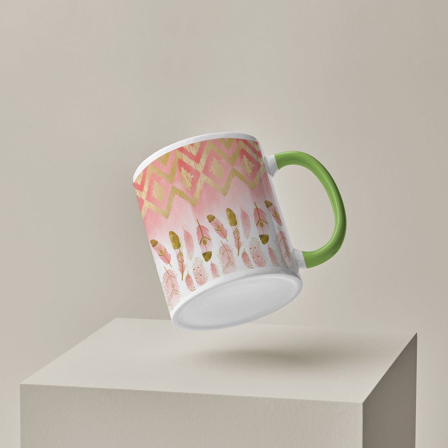 pink plumas design Pattern Lite Green Handle 330 ml Coffee Mug