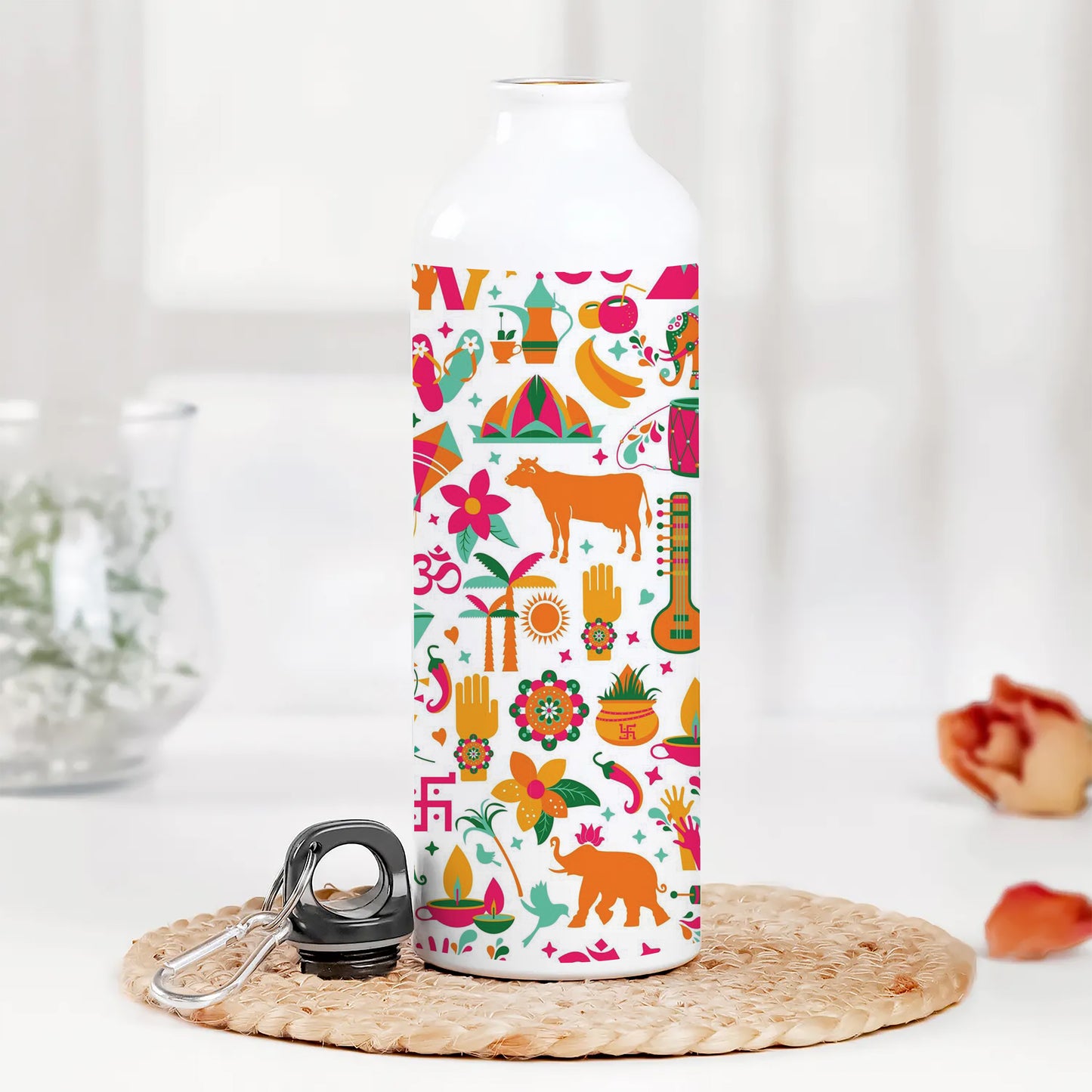Indian architecture and Asian traditions set Pro Vector Printed Normal Sipper Water Bottle 750 ml For Gym, Yoga, Kids, Boys, Girls, Brother, Sister, Babies, Baby, Workout, Adults