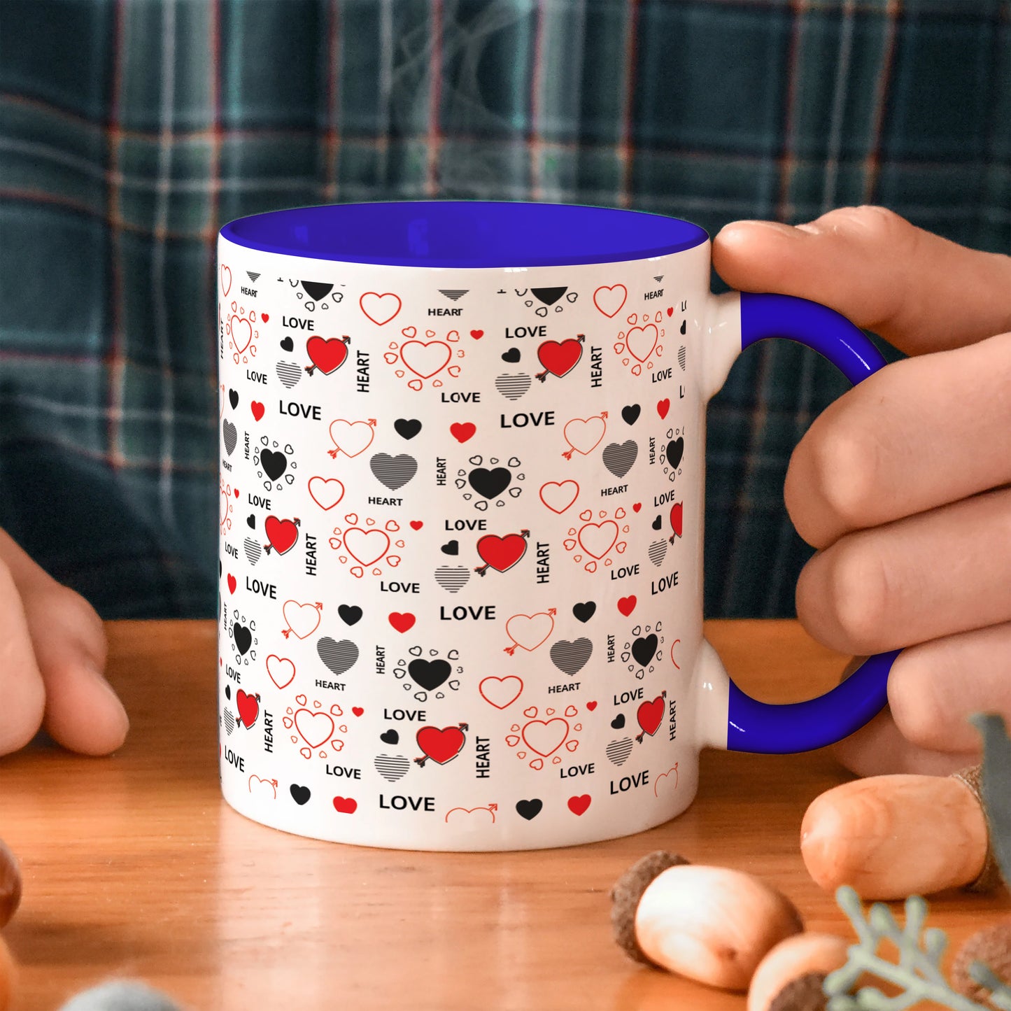 Romantic Hand Drawn Elements With Love Lettering design Dark Blue Handle 330 ml Coffee Mug