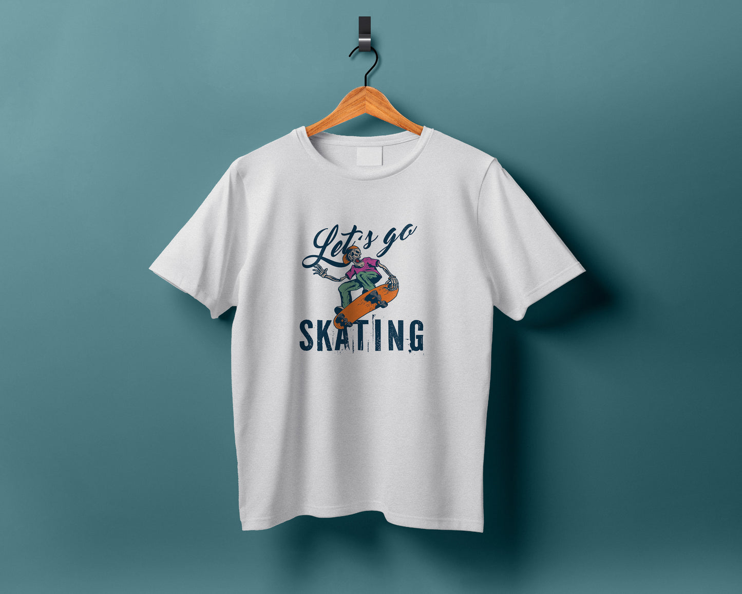Skeleton playing skateboard illustration design Printed White Round Neck Polyester T Shirt for Mens and woman's