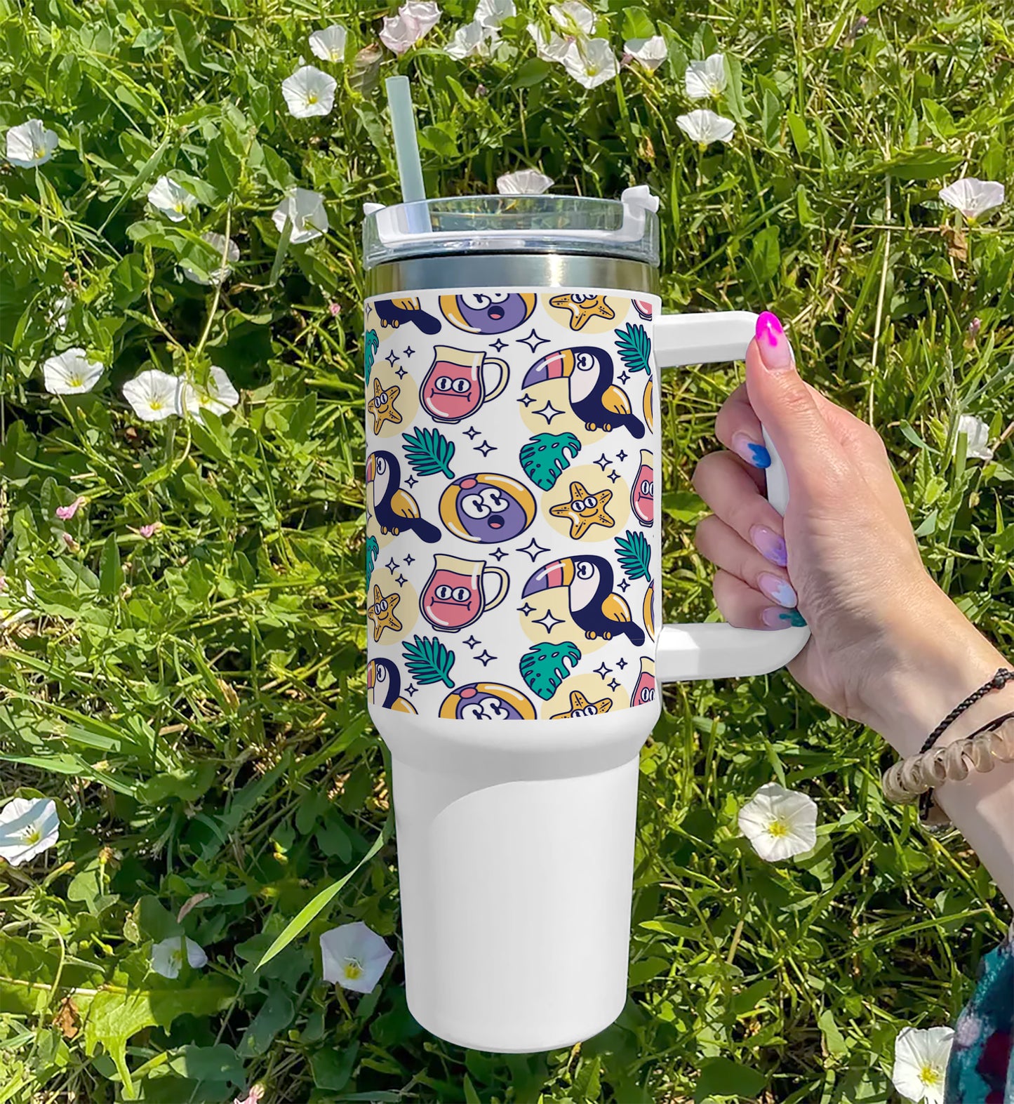 Flat summer pattern design Printed 850ML with Lid Leak Proof Big Travel Tumbler with Handle and Straw