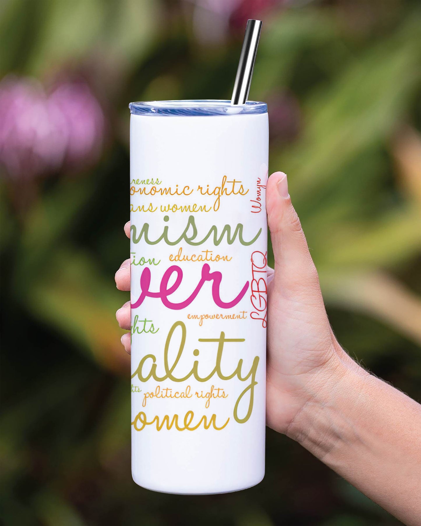 Girl Power word cloud typography pattern Printed 750ML with Lid Leak Proof Travel Tumbler with Straw