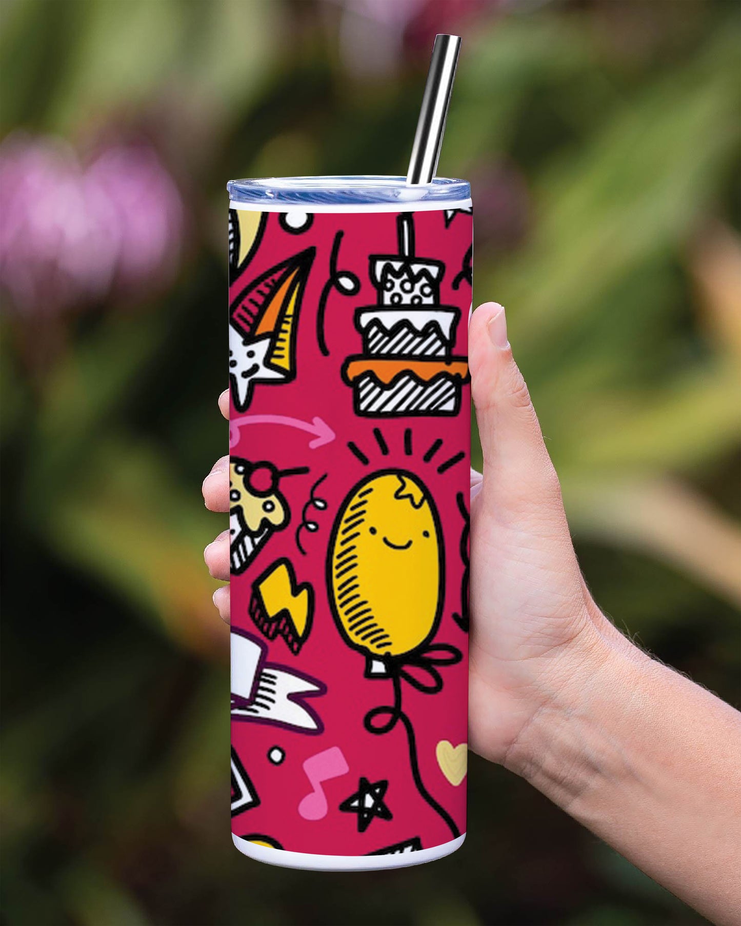 Set of Party illustration Hand drawn doodle Sketch line Printed 750ML with Lid Leak Proof Travel Tumbler with Straw