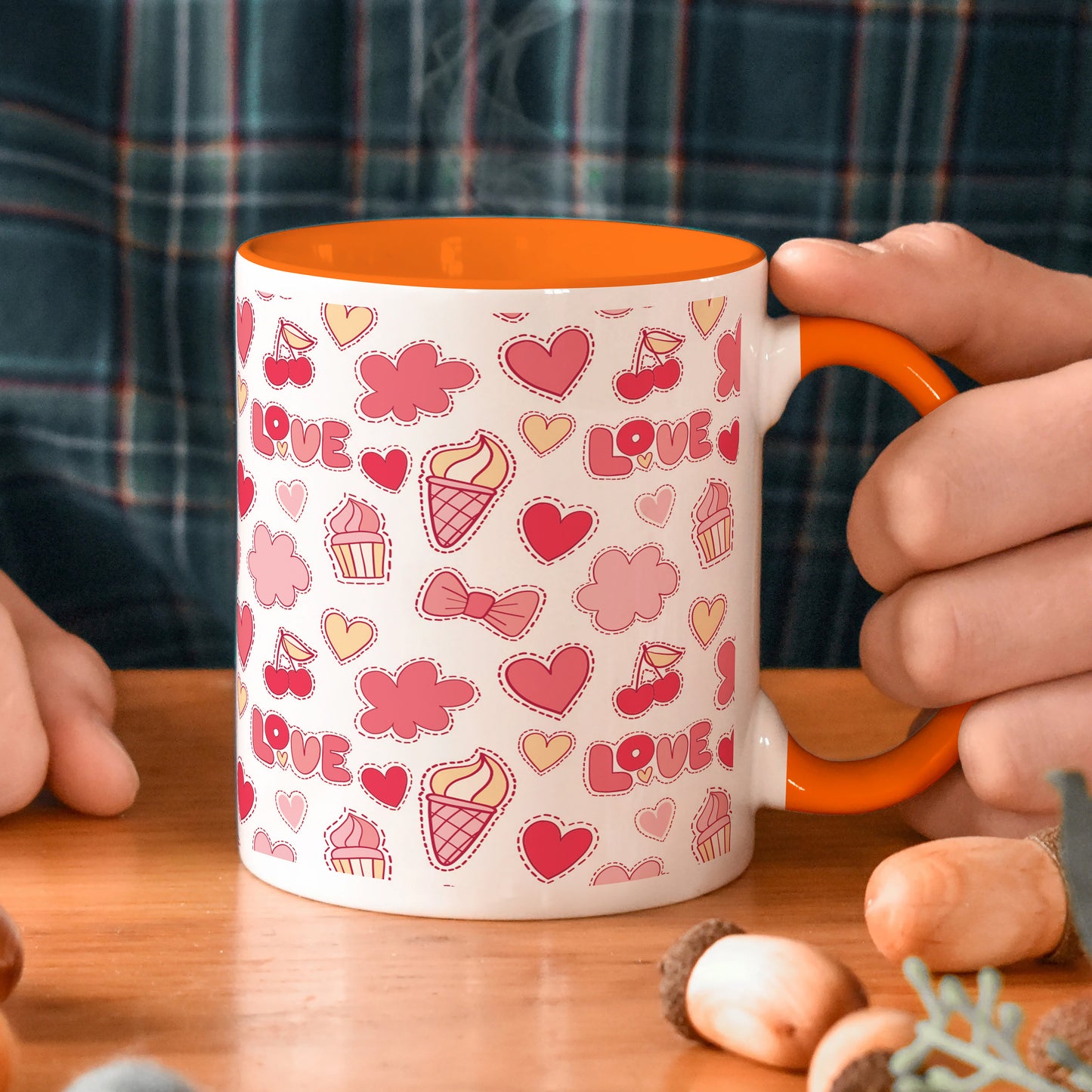 Retro pattern of decorative love elements design Orange Handle 330 ml Coffee Mug