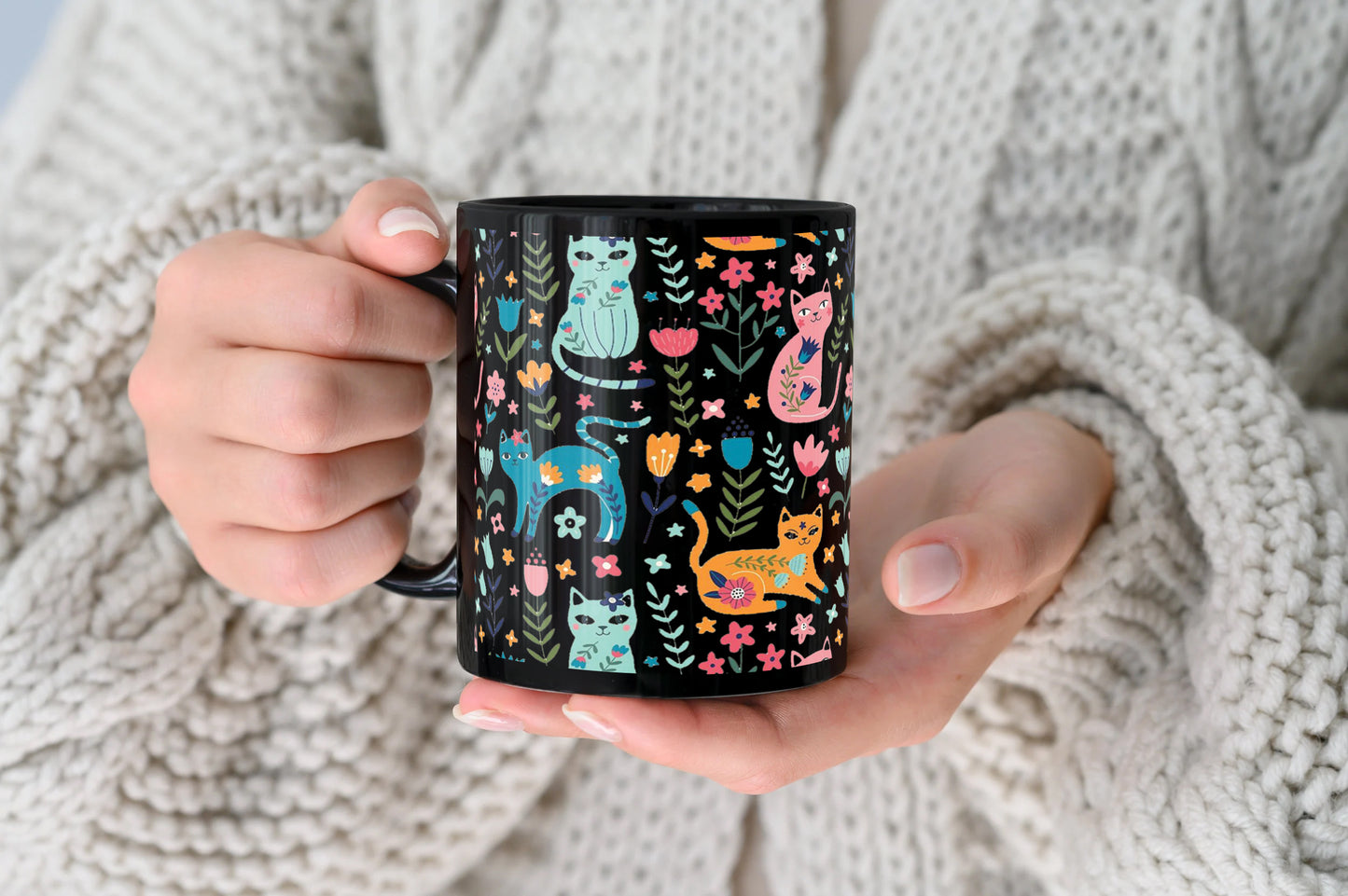 Vector seamless pattern with flowers and Cute Flower Cats in cartoon style Full Black 330 ml Coffee Mug