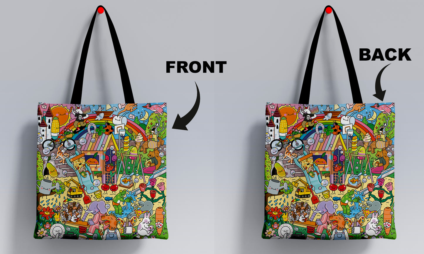 Cartoon Doodle Art Design Printed Black Handle Tote Bag (14 X 16 Inches) For Shopping, College, Travel