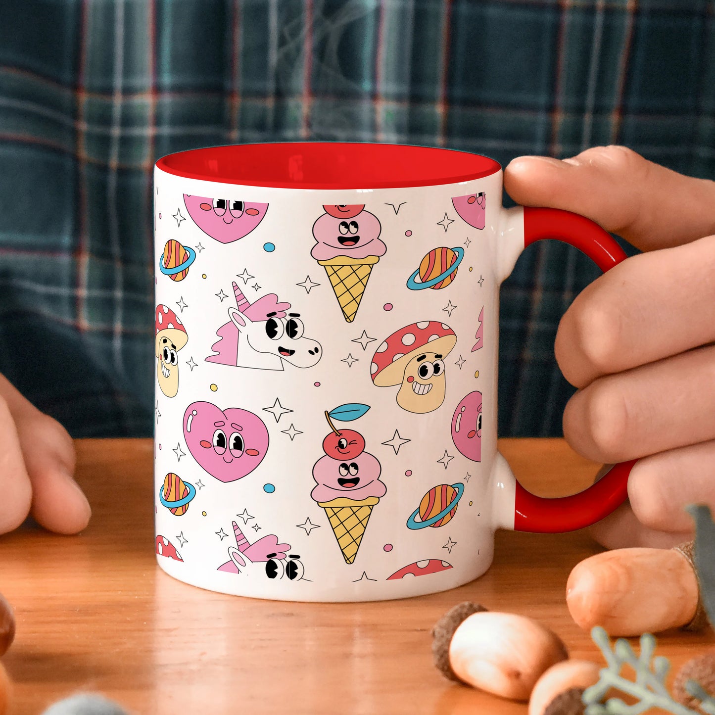 Hand drawn flat trendy cartoon pattern Red Handle 330 ml Coffee Mug