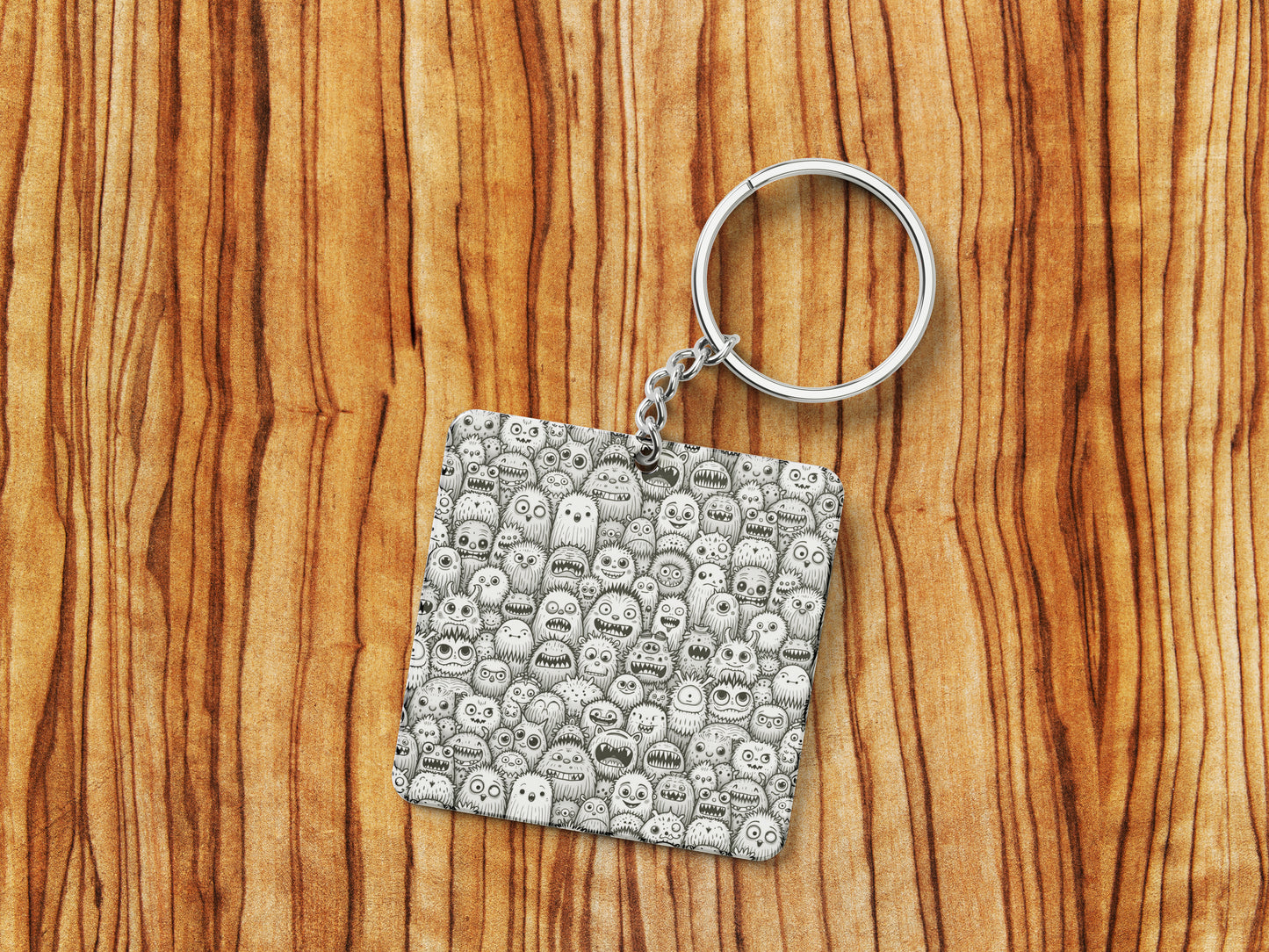Black and White Monster Pattern Printed 330 ml White Coffee Mug with Square Shape Wooden Keyring and Chain