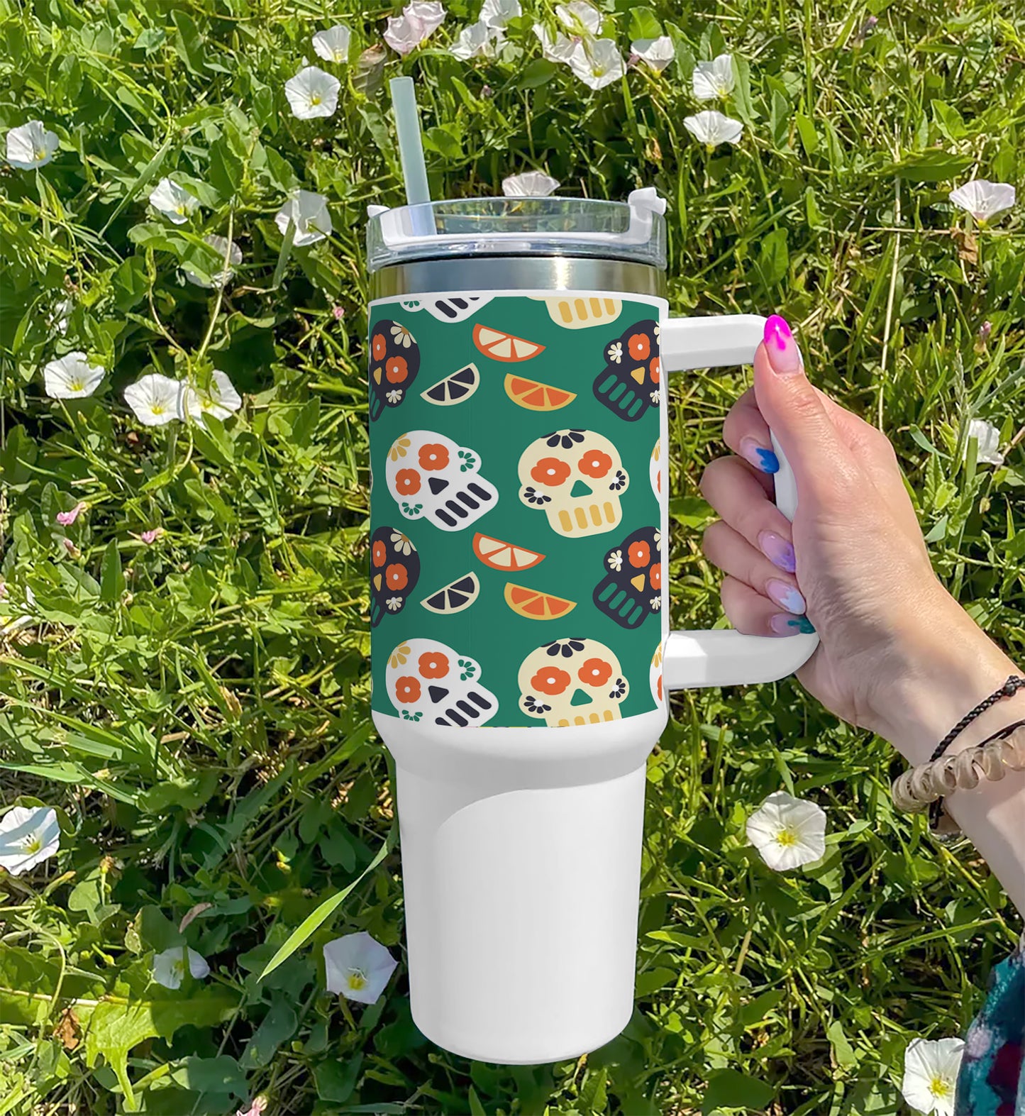Flat patterns with traditional mexican elements 3 Printed 850ML with Lid Leak Proof Big Travel Tumbler with Handle and Straw