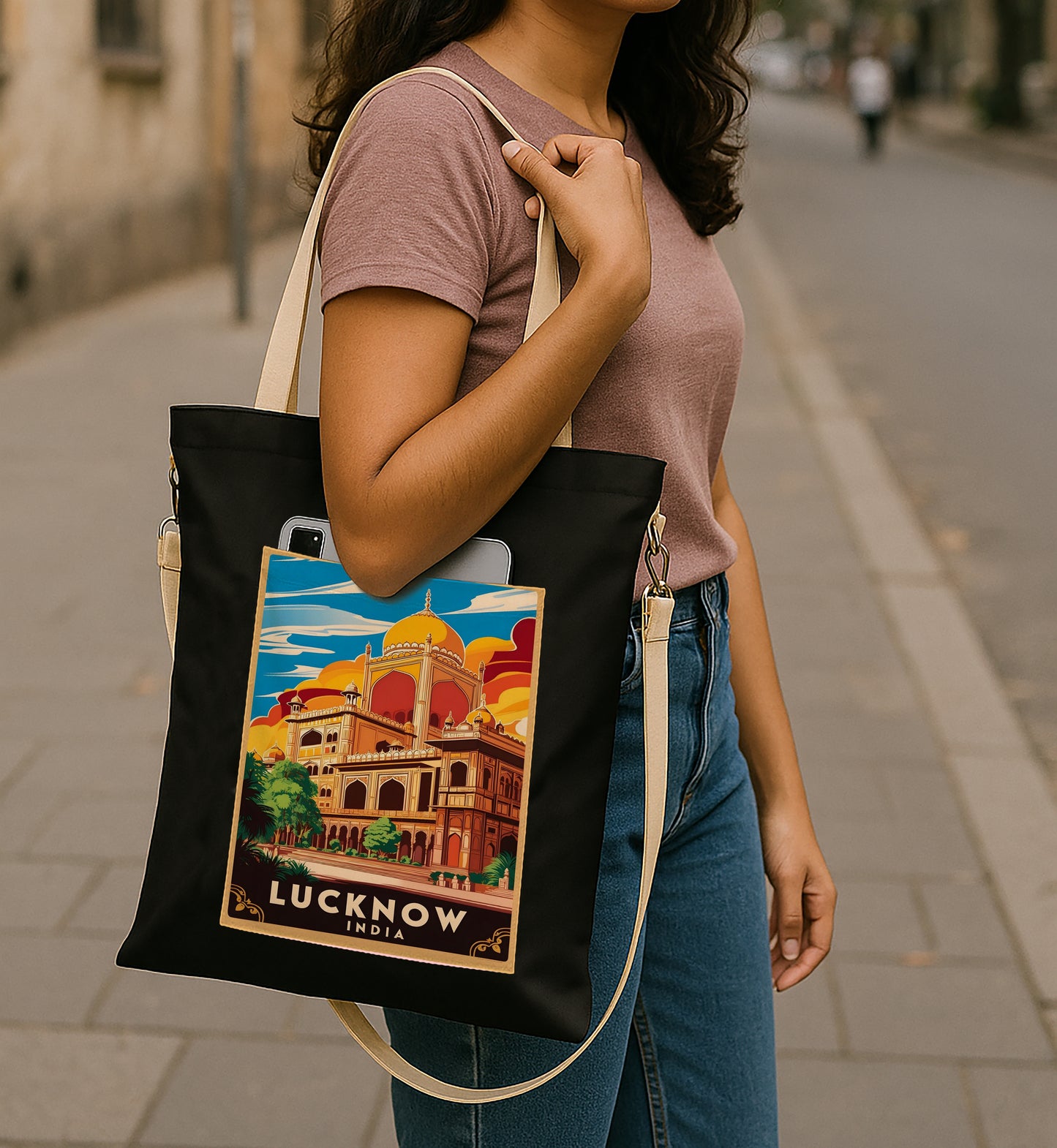 Lucknow india Printed Women's Girls Cross Body Sling Bag with Extra Front Pocket, College Bag for Girls, Tote Bag for Shopping,Travel