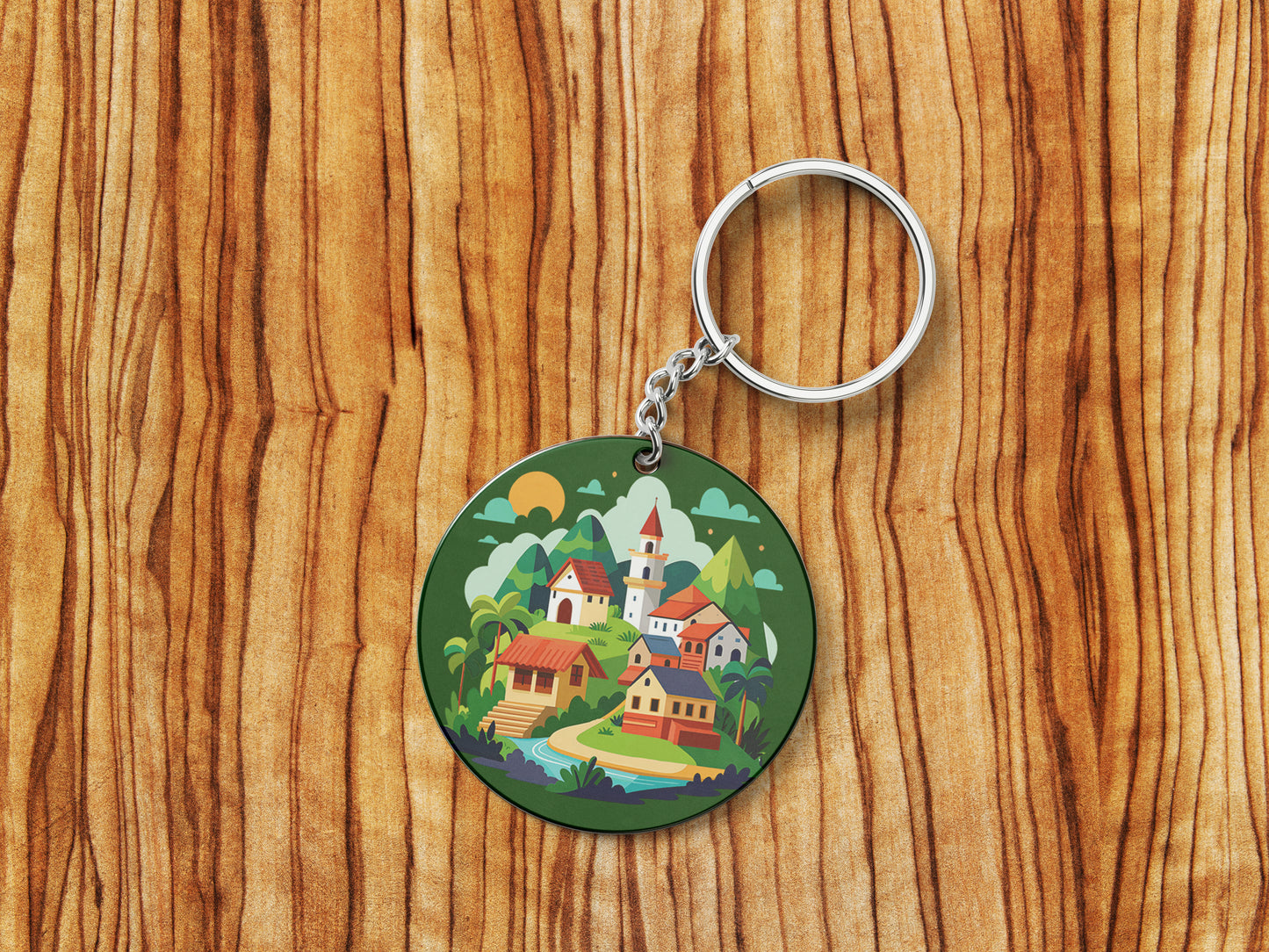 A Cartoon Illustration of a Fantasy Landscape with a Waterfall a Castle and a Mountain Printed Round Circle Shape Wooden Keyring with Chain