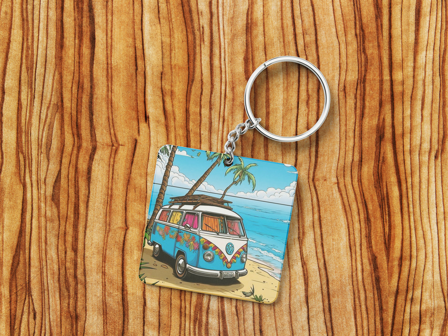 Camping Van on Morning Sun Beach Printed Square Shape Wooden Keyring with Chain