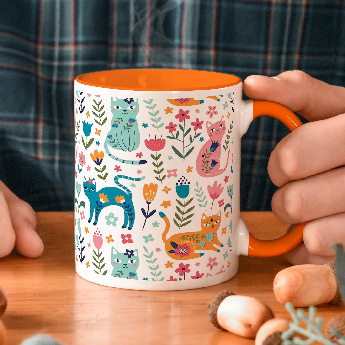 Vector seamless pattern with flowers and cats Cute Flower in cartoon style Handle 330 ml Coffee Mug