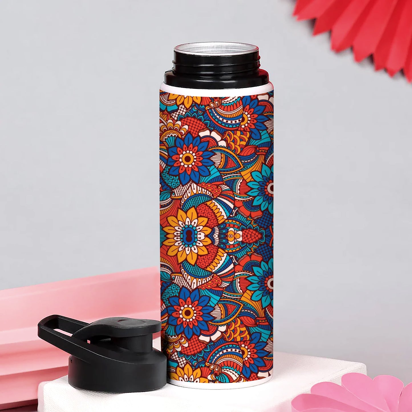 Hand drawn floral elements colorful ethnic seamless pattern Printed Eagle Shape Water Bottle 750 ml For Gym, Yoga, Kids, Boys, Girls, Brother, Sister, Babies, Baby, Workout, Adults