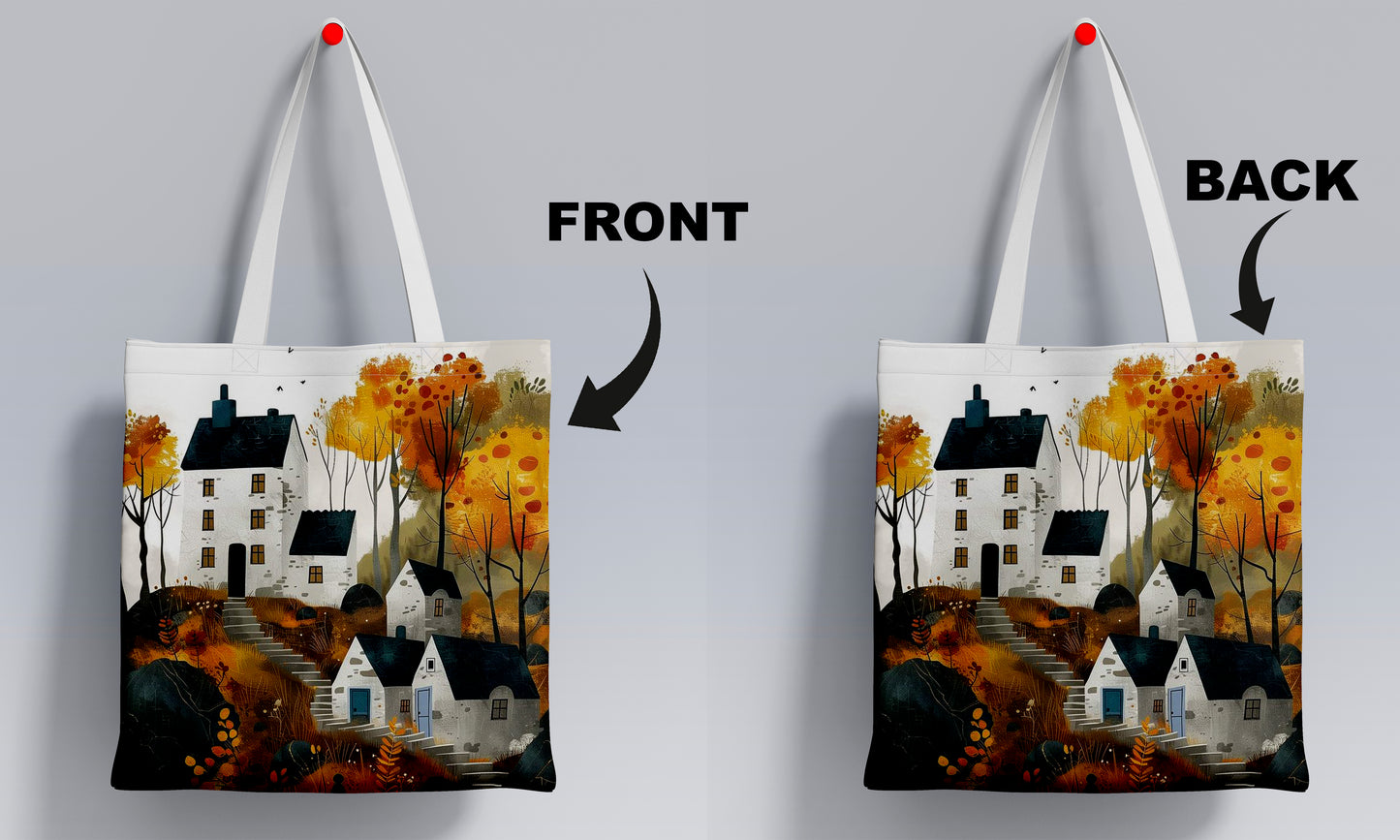 Colorful Autumn Landscape design pattern Printed Design White Tote Bag (14 X 16 Inches) For Shopping, College, Travel