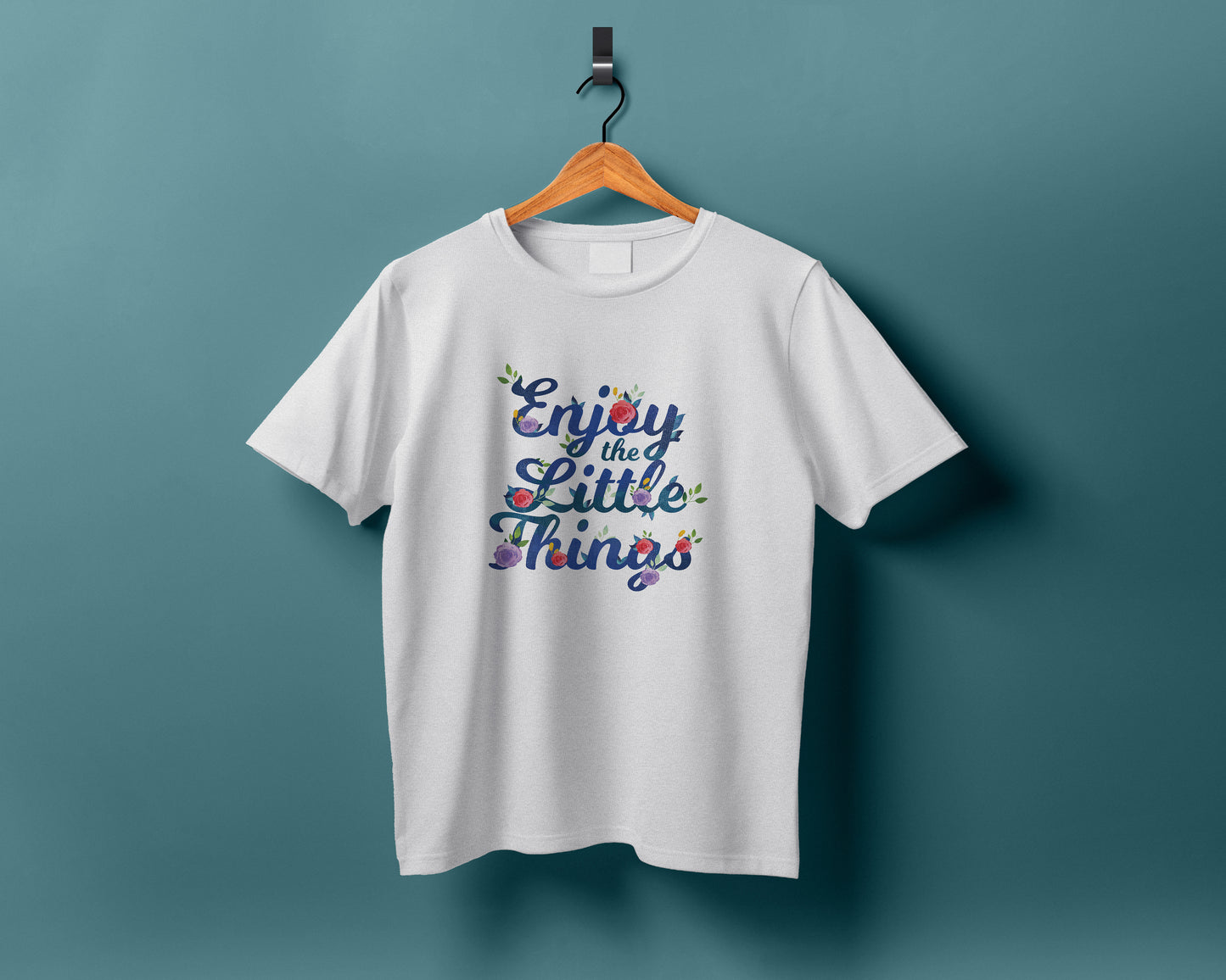Slogan with hand drawn flowers design Printed White Round Neck Polyester T Shirt for Mens and woman's