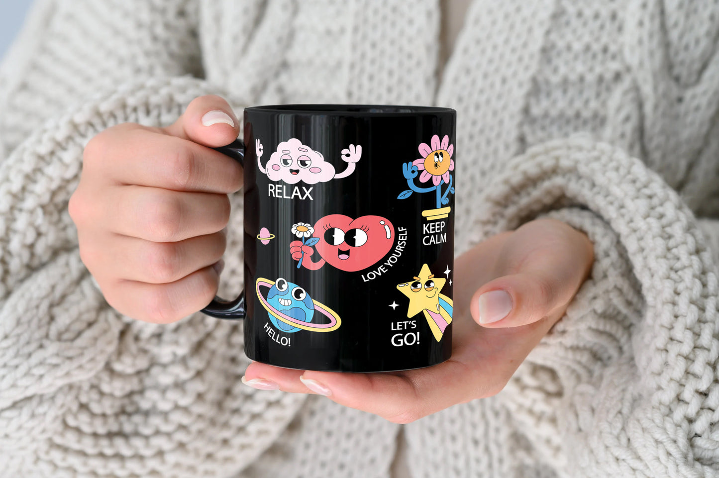 Hand drawn trendy cartoon badges design pattern Full Black 330 ml Coffee Mug