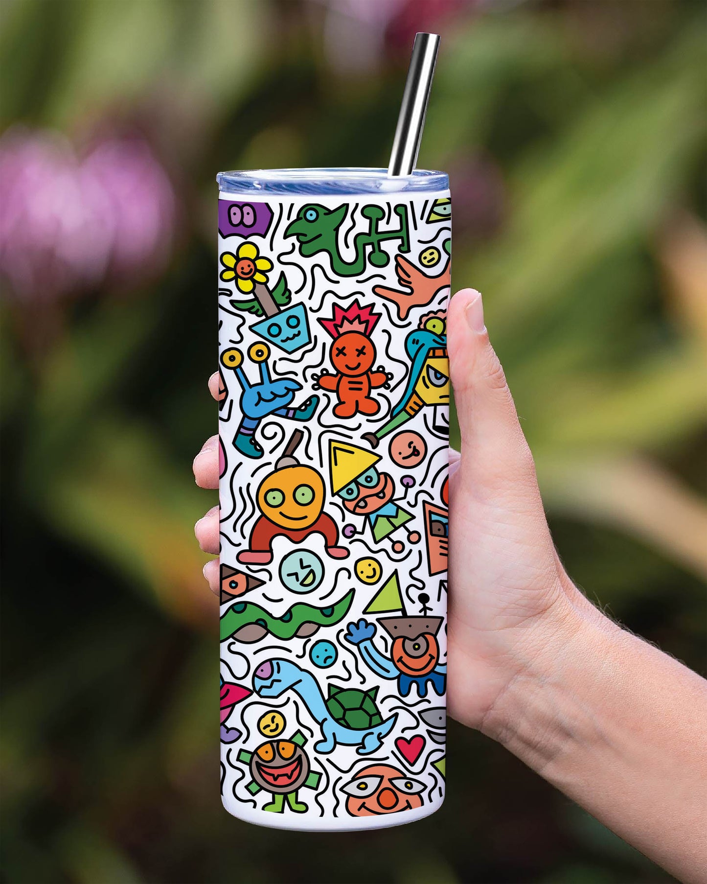 Cute colorful doodle pattern Printed 750ML with Lid Leak Proof Travel Tumbler with Straw