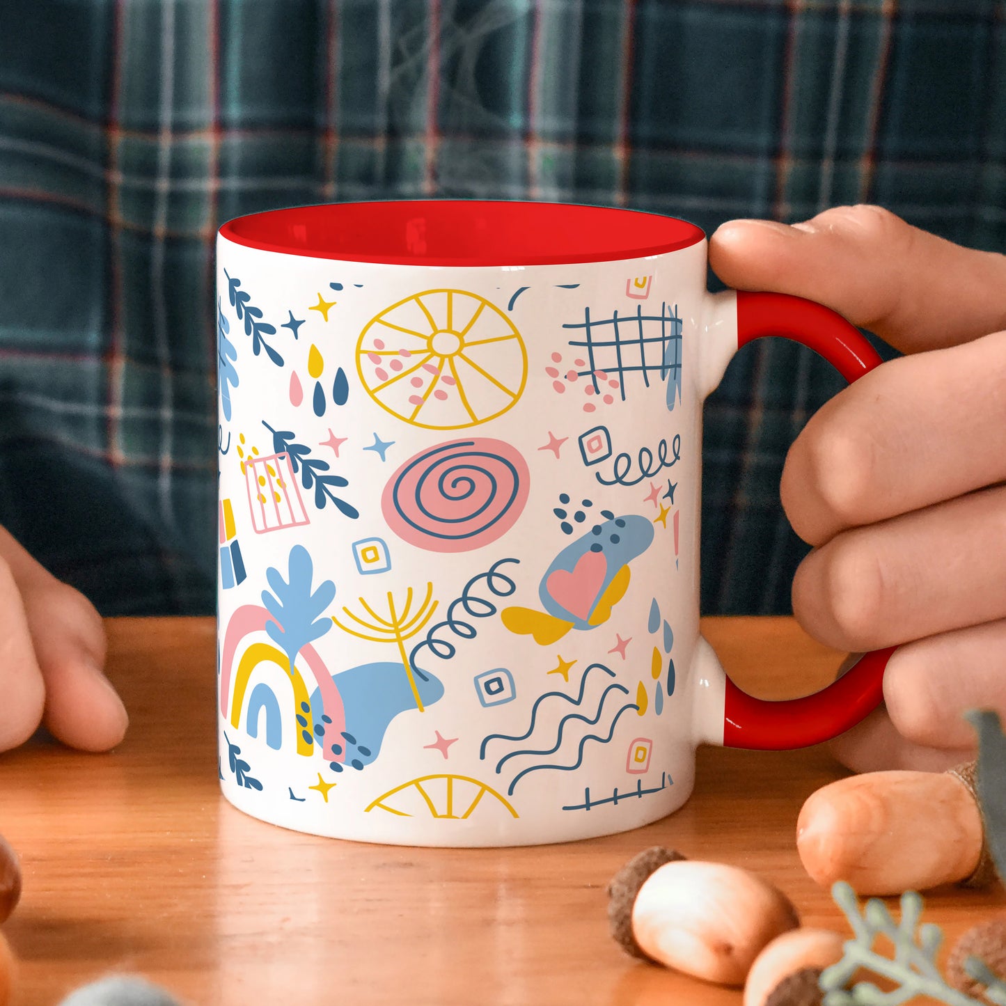 Hand drawn abstract element pattern Red Handle 330 ml Coffee Mug