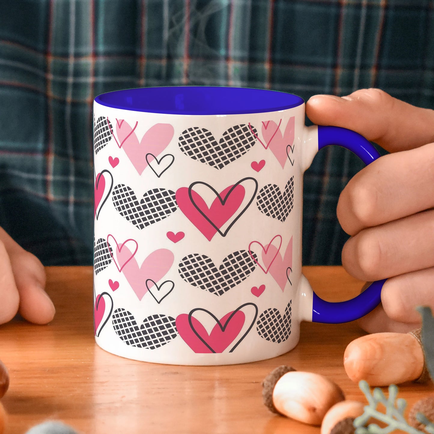 Hearts Pattern design Dark Blue Handle 330 ml Coffee Mug