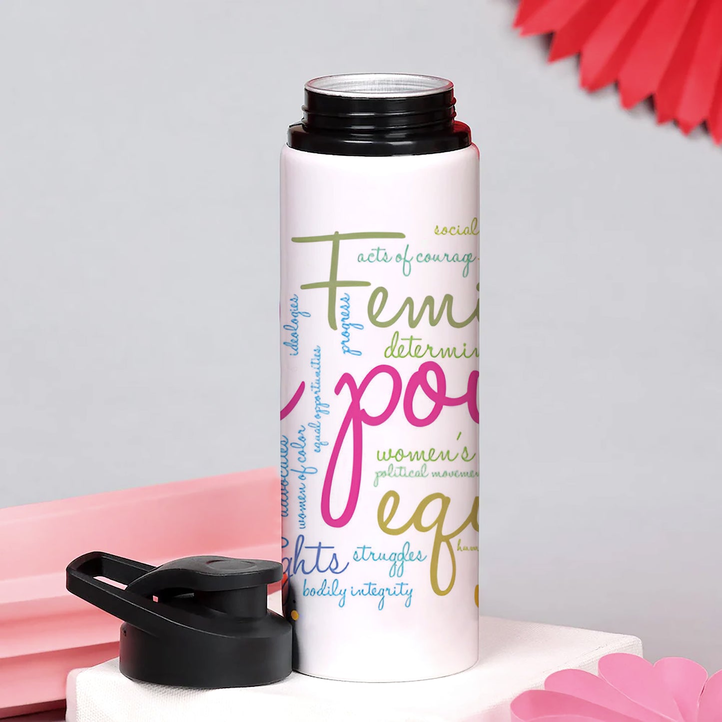 Girl Power word cloud typography pattern Printed Eagle Shape Water Bottle 750 ml For Gym, Yoga, Kids, Boys, Girls, Brother, Sister, Babies, Baby, Workout, Adults