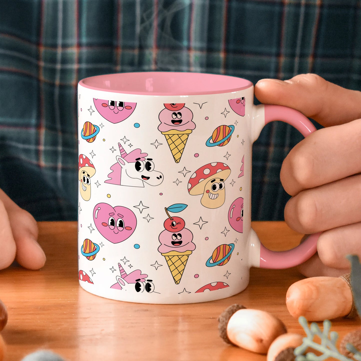 Hand drawn flat trendy cartoon pattern Light Pink Handle 330 ml Coffee Mug