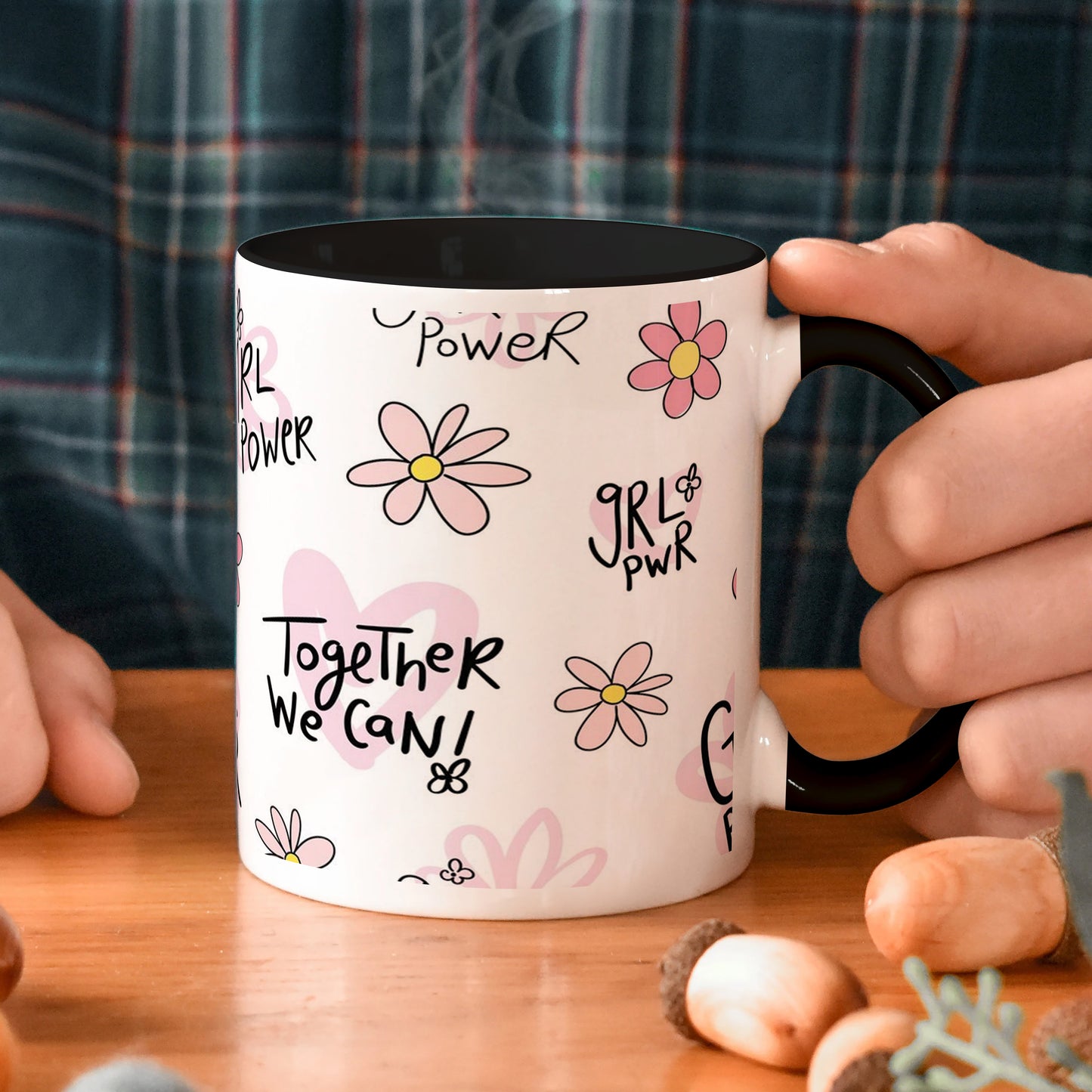 Cute pink flower and heart drawings. Seamless pattern 330 ml Coffee Mug