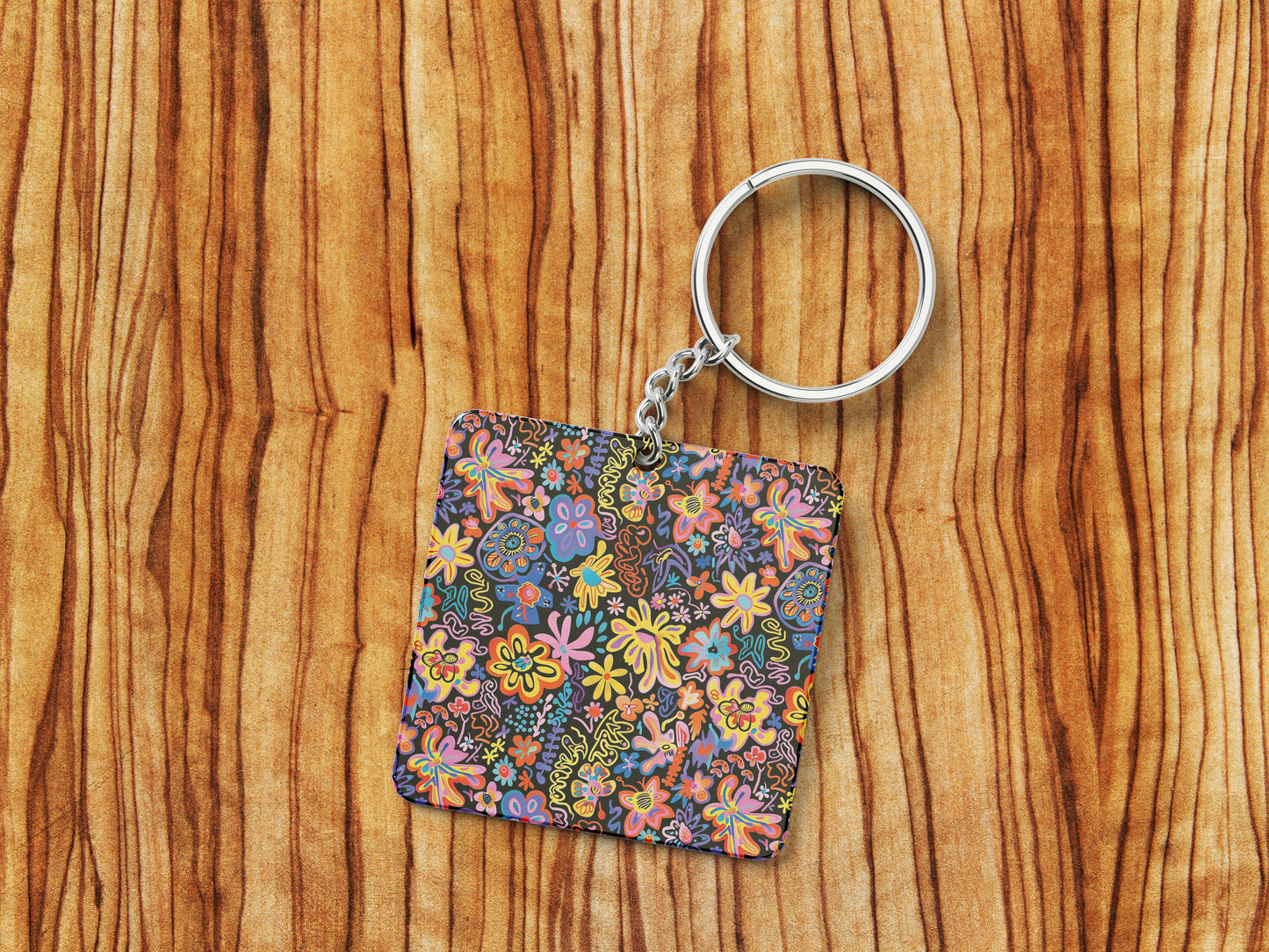 Colorful Flowers Pattern Printed 330 ml White Coffee Mug with Square Shape Wooden Keyring and Chain
