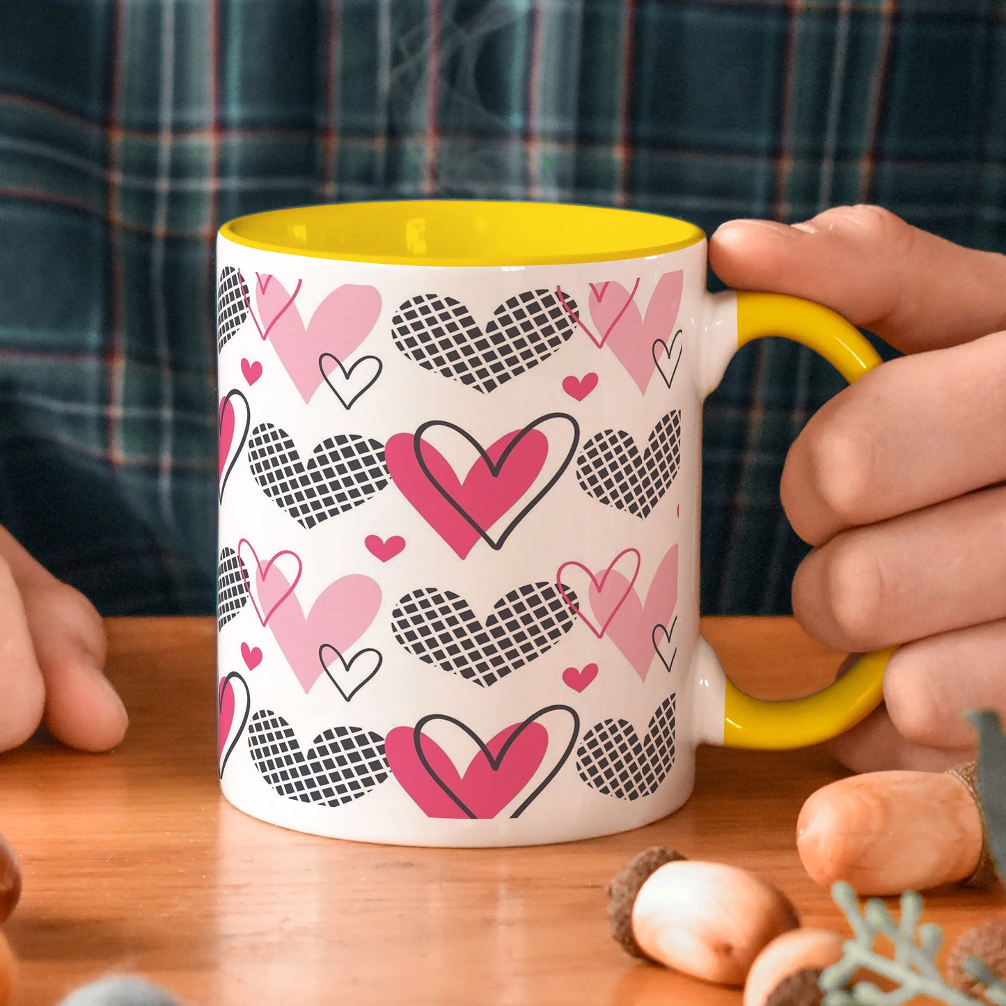 Hearts Pattern design Yellow Handle 330 ml Coffee Mug