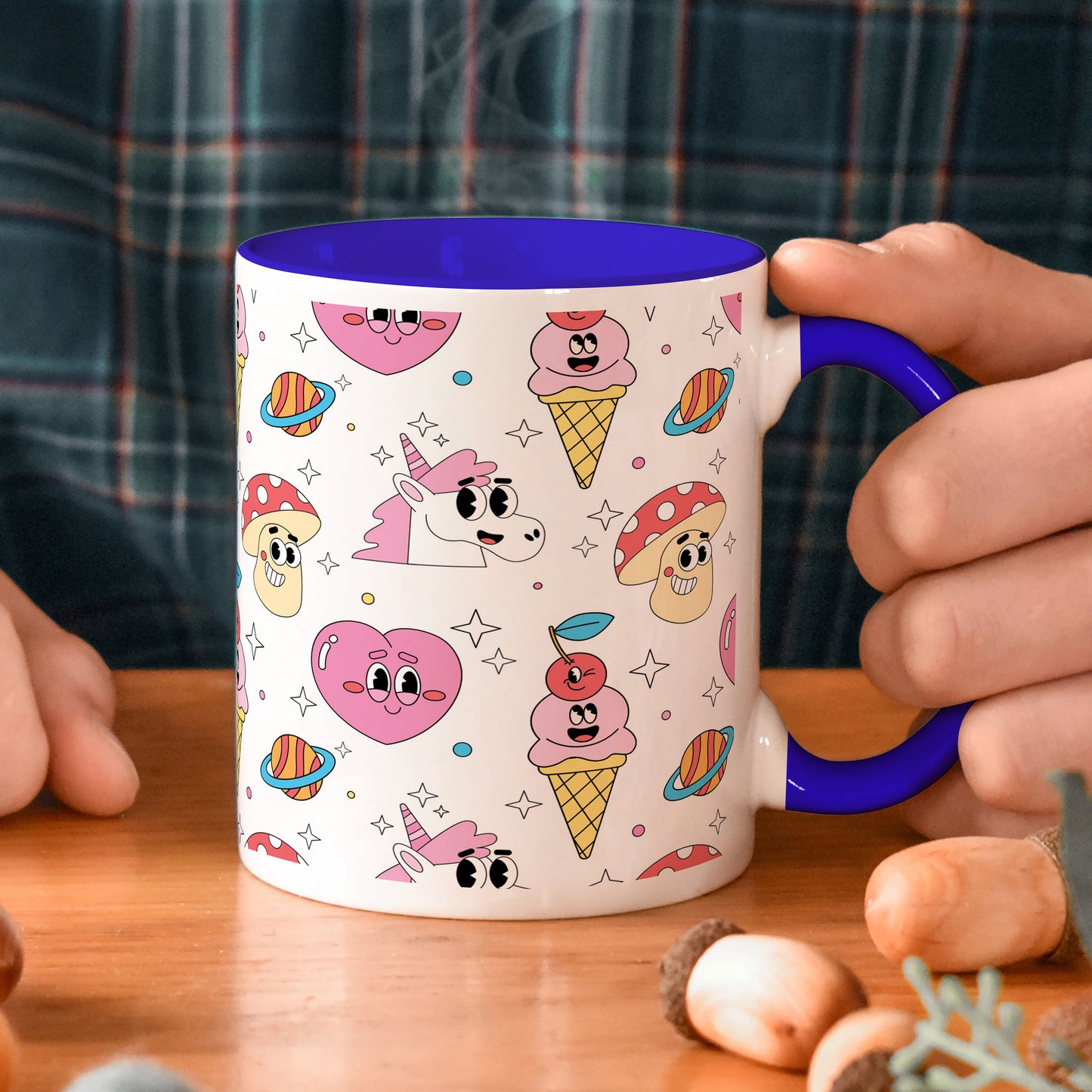 Hand drawn flat trendy cartoon patternDark Blue Handle 330 ml Coffee Mug