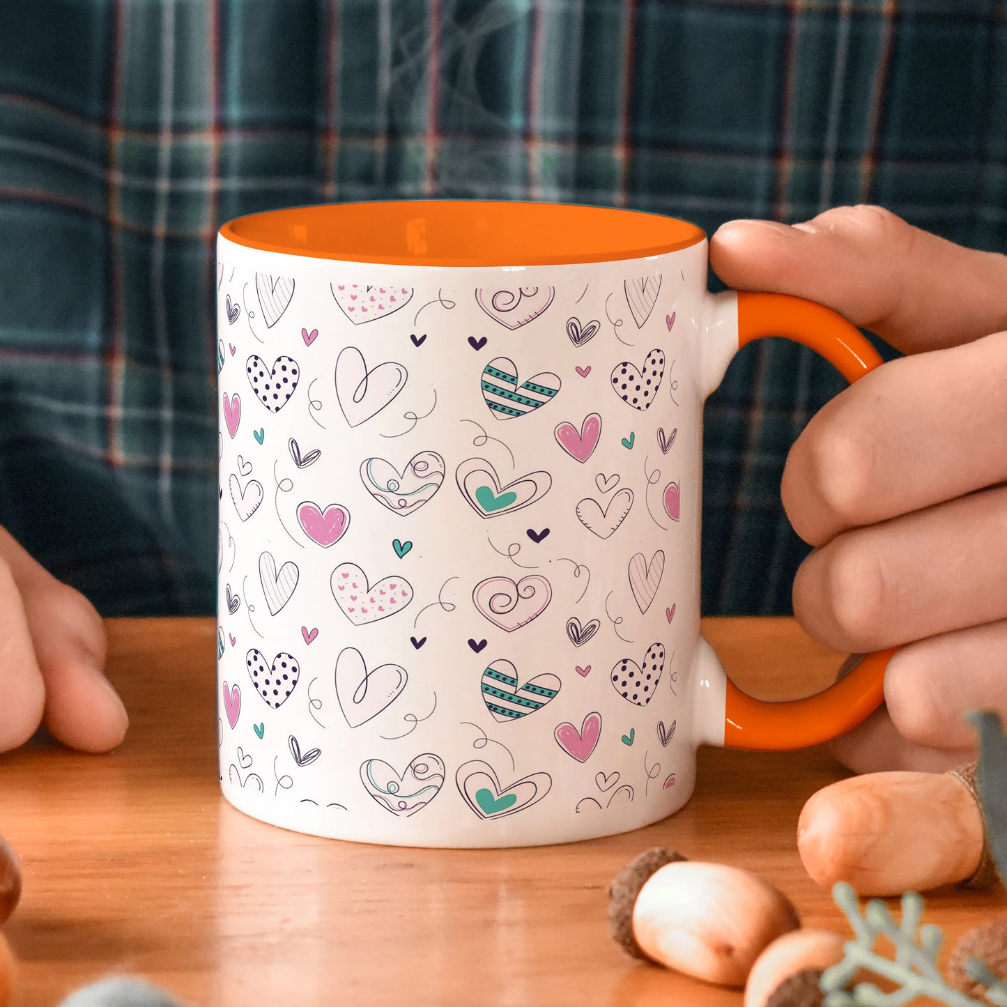 Pretty hearts pattern design Orange Handle 330 ml Coffee Mug