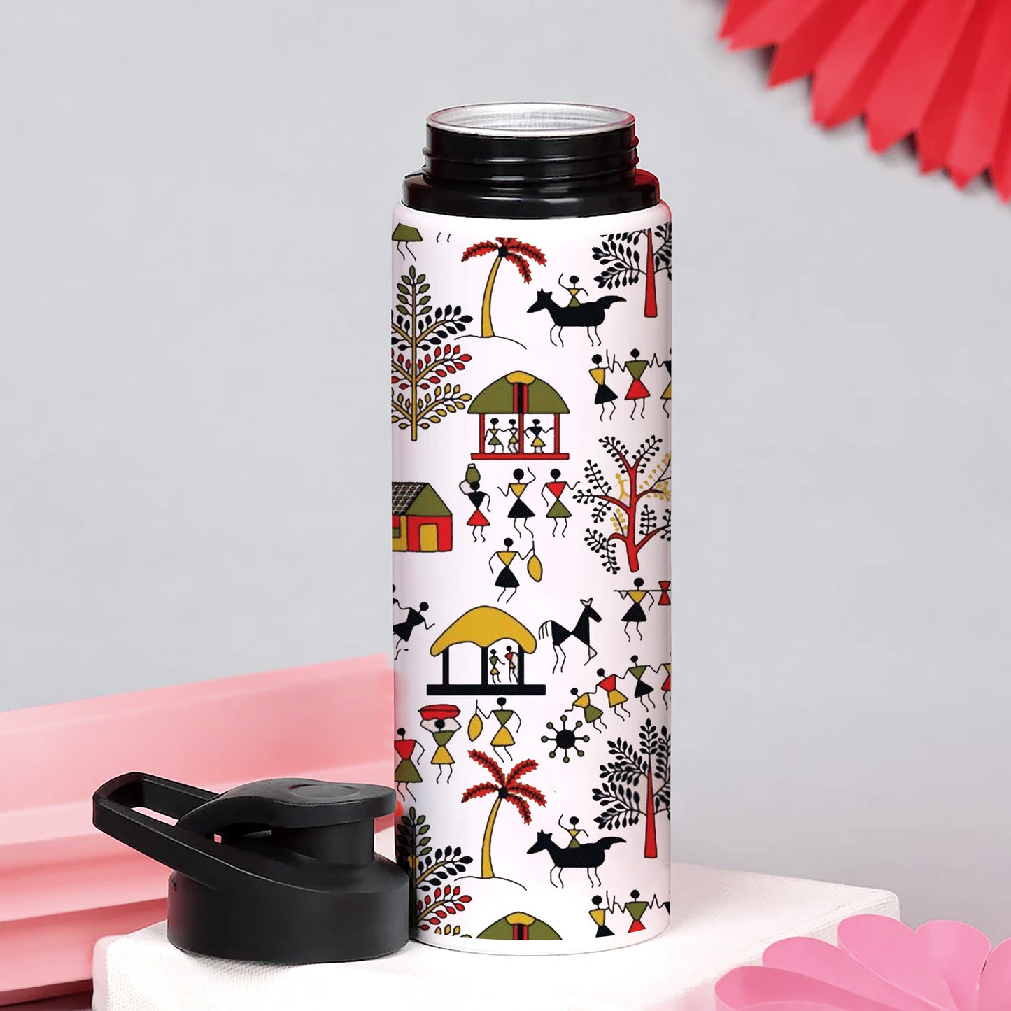 Hand drawn traditional the ancient tribal art India Printed Eagle Shape Water Bottle 750 ml For Gym, Yoga, Kids, Boys, Girls, Brother, Sister, Babies, Baby, Workout, Adults