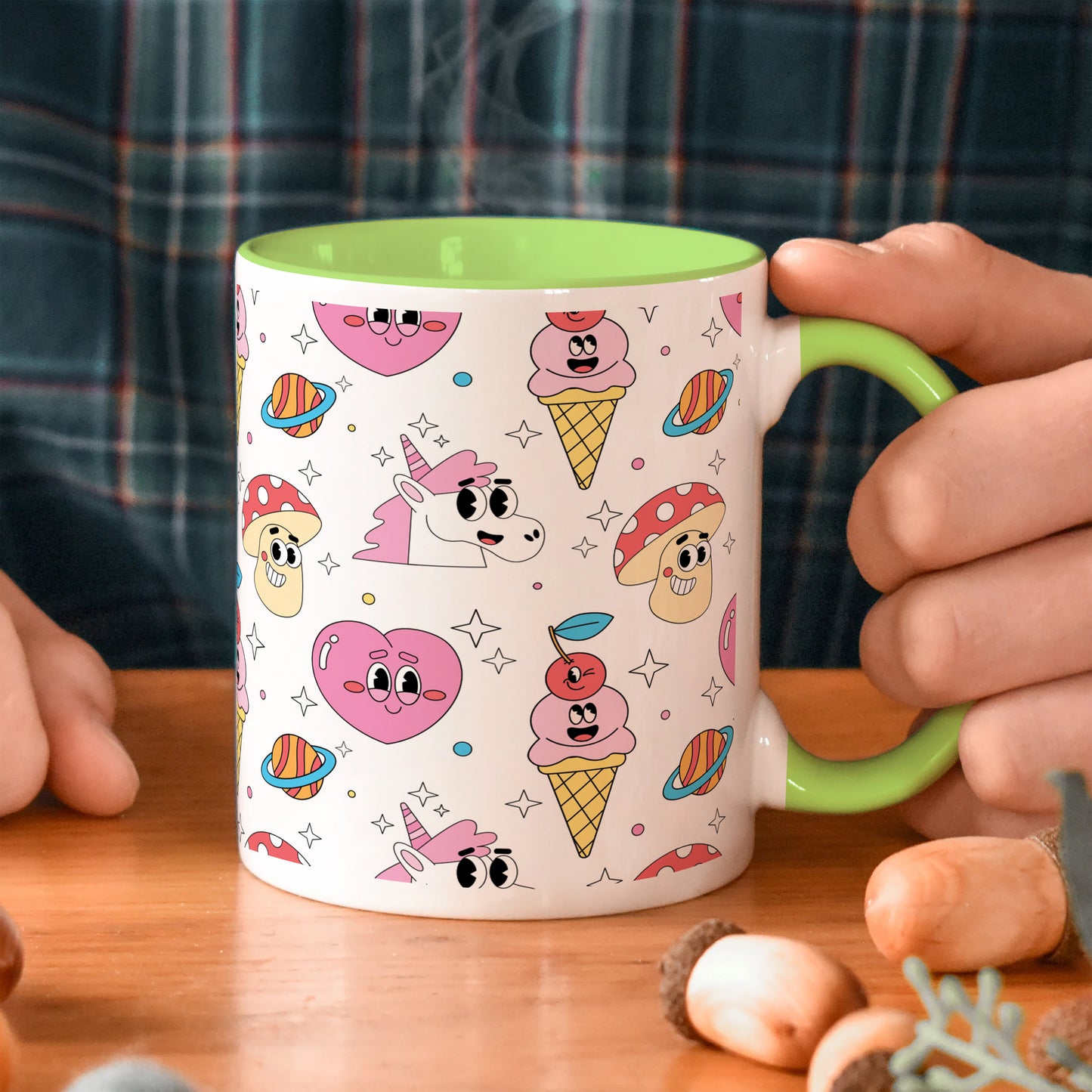 Hand drawn flat trendy cartoon pattern Light Green Handle 330 ml Coffee Mug