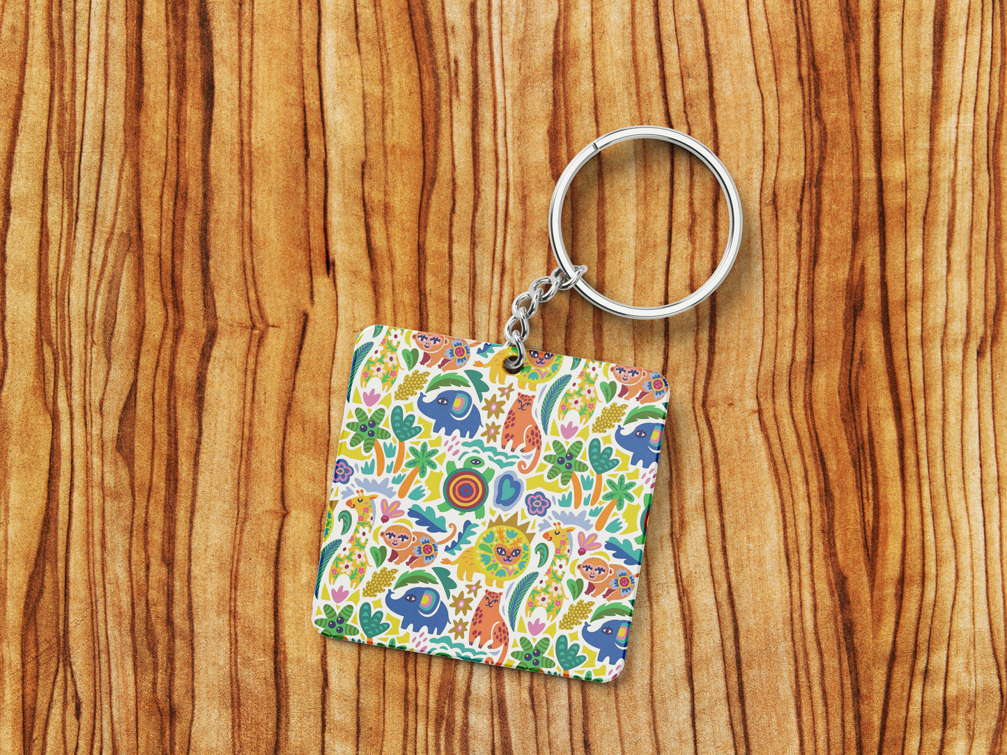 Seamless African Animals Pattern Printed 330 ml White Coffee Mug with Square Shape Wooden Keyring and Chain