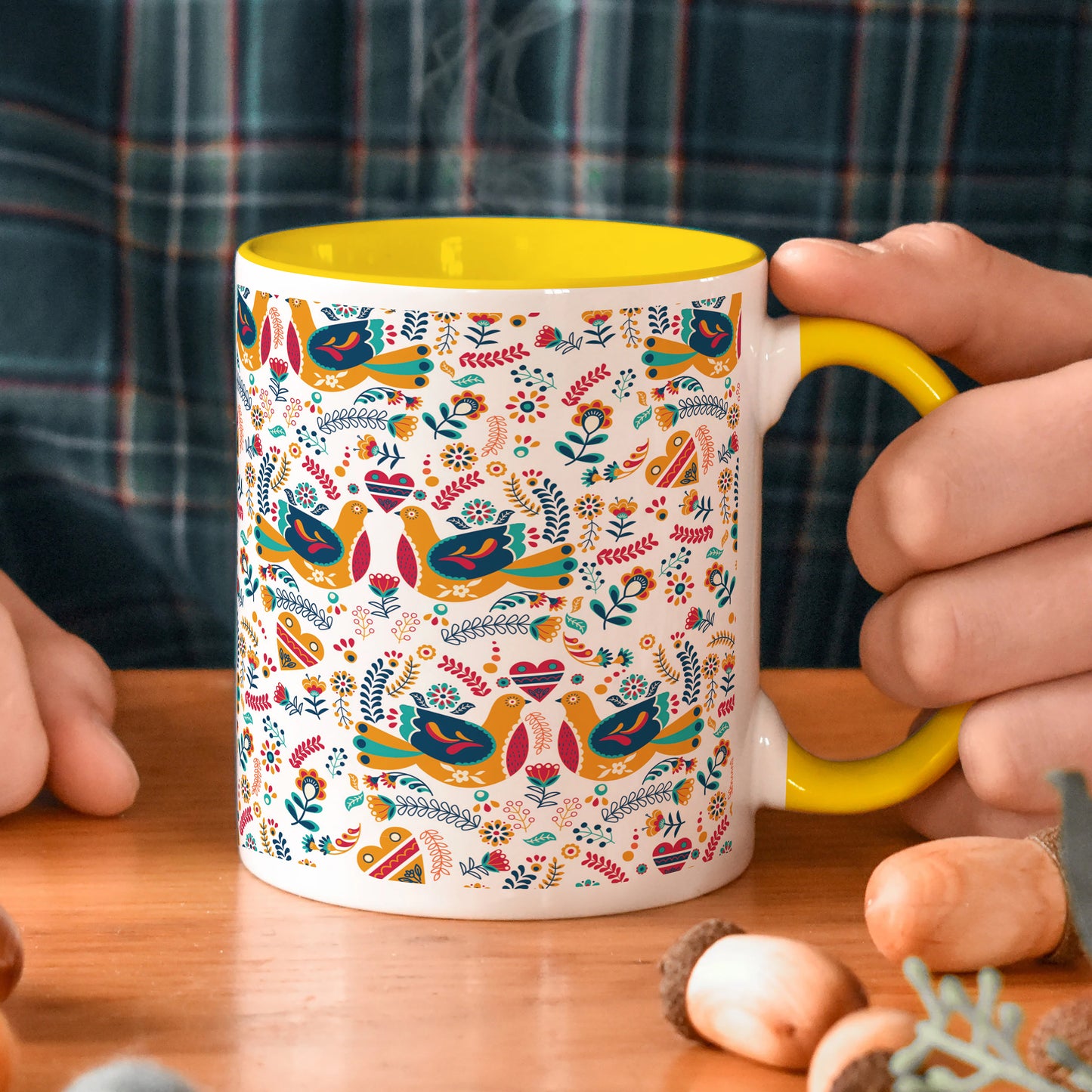 Flat design Nordic pattern design Yellow Handle 330 ml Coffee Mug
