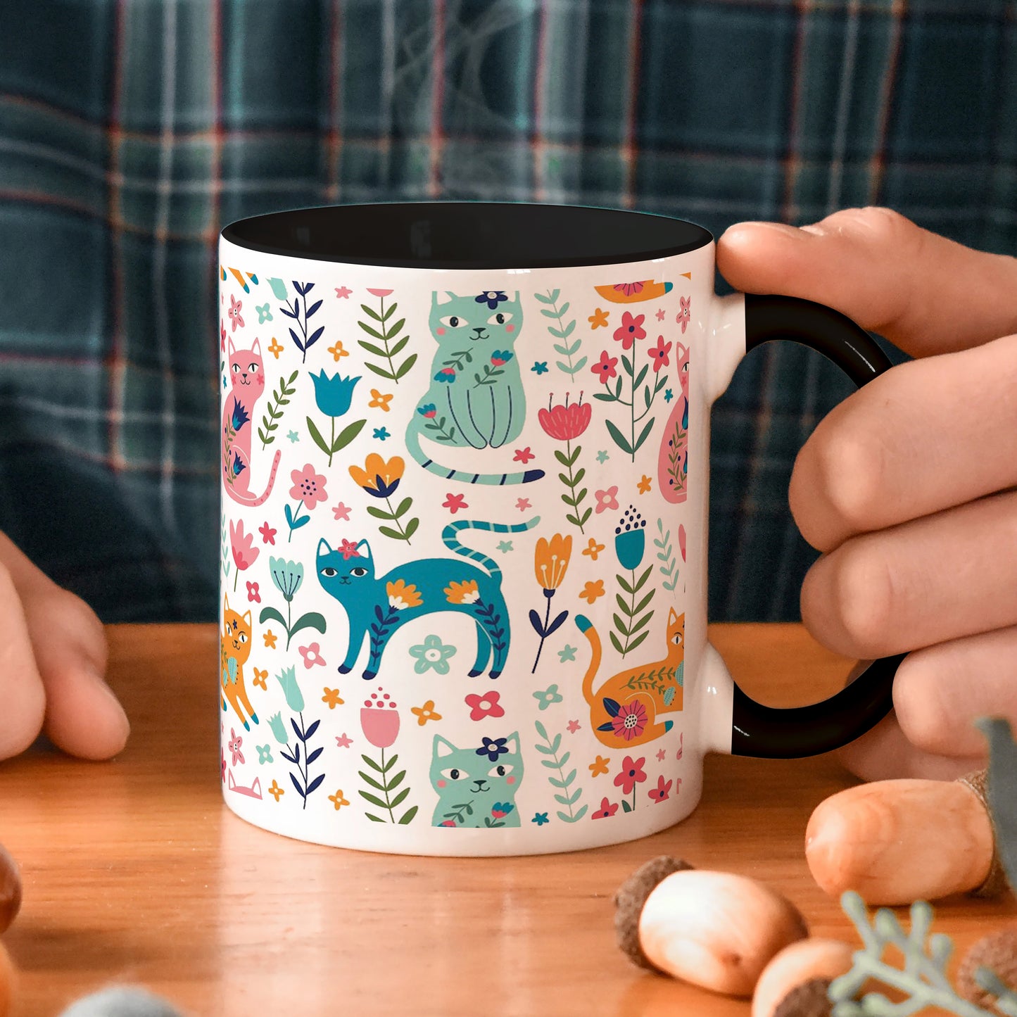 Vector seamless pattern with flowers and cats Cute Flower Cats in cartoon style 330 ml Coffee Mug