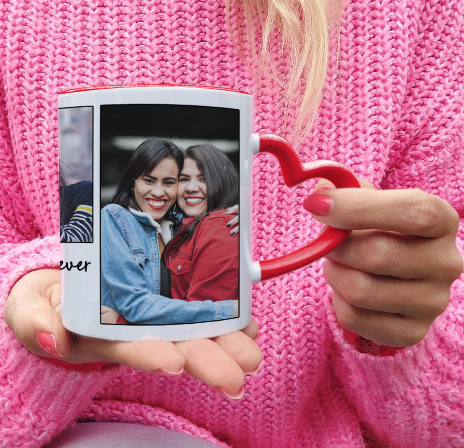 Best Friend forever customized three photos red heart handle 330 ml Coffee Mug
