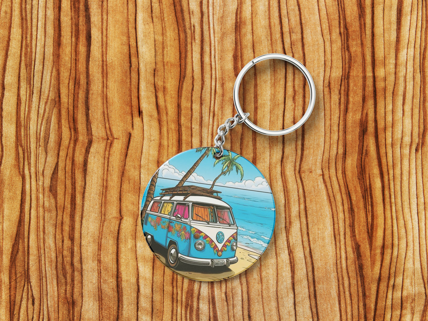 Camping Van on Morning Sun Beach Printed Round Circle Shape Wooden Keyring with Chain