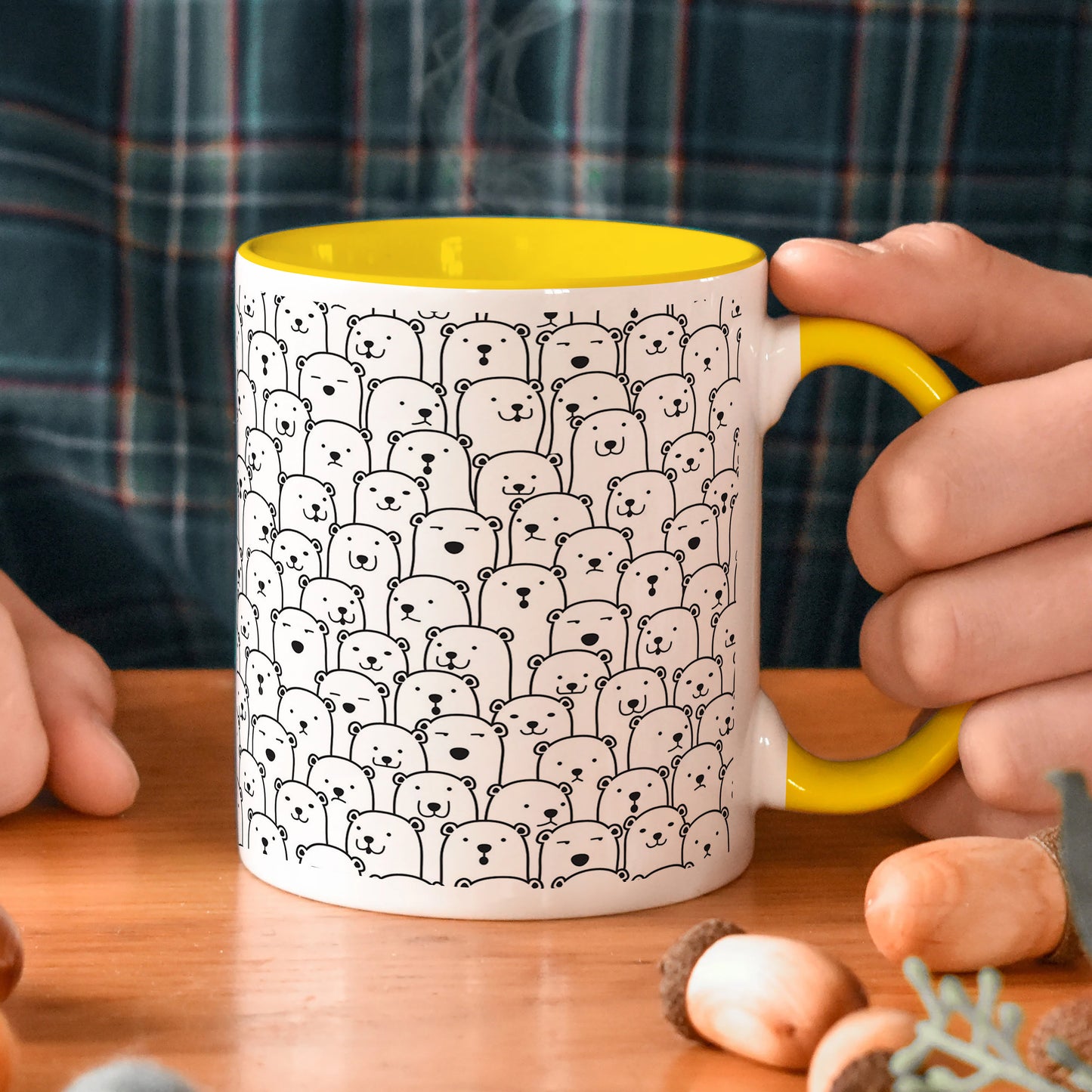 Black in white bear Doodle hand drawn pattern Yellow Handle 330 ml Coffee Mug