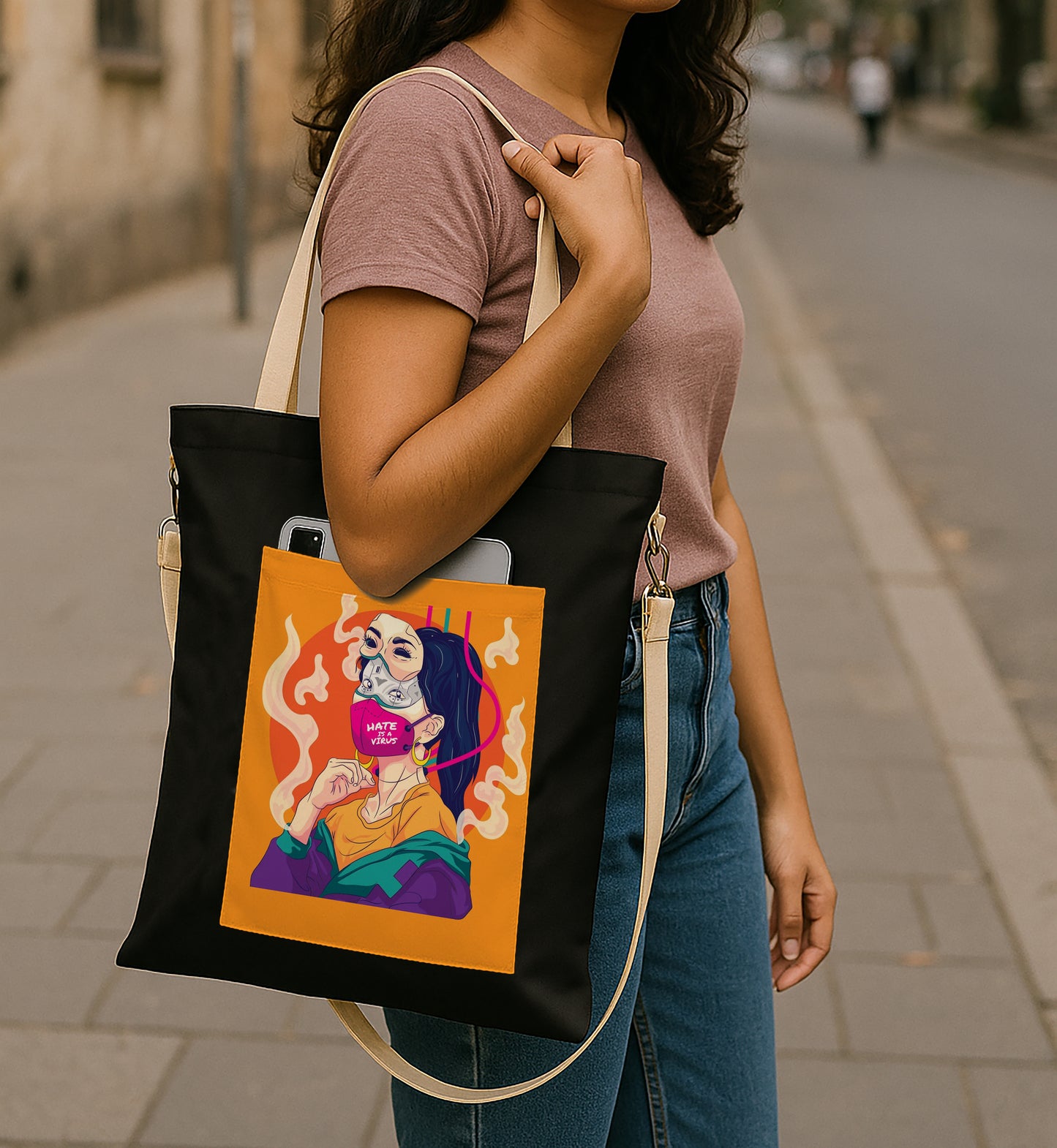 Facemask Girl Printed Women's Girls Cross Body Sling Bag with Extra Front Pocket, College Bag for Girls, Tote Bag for Shopping,Travel