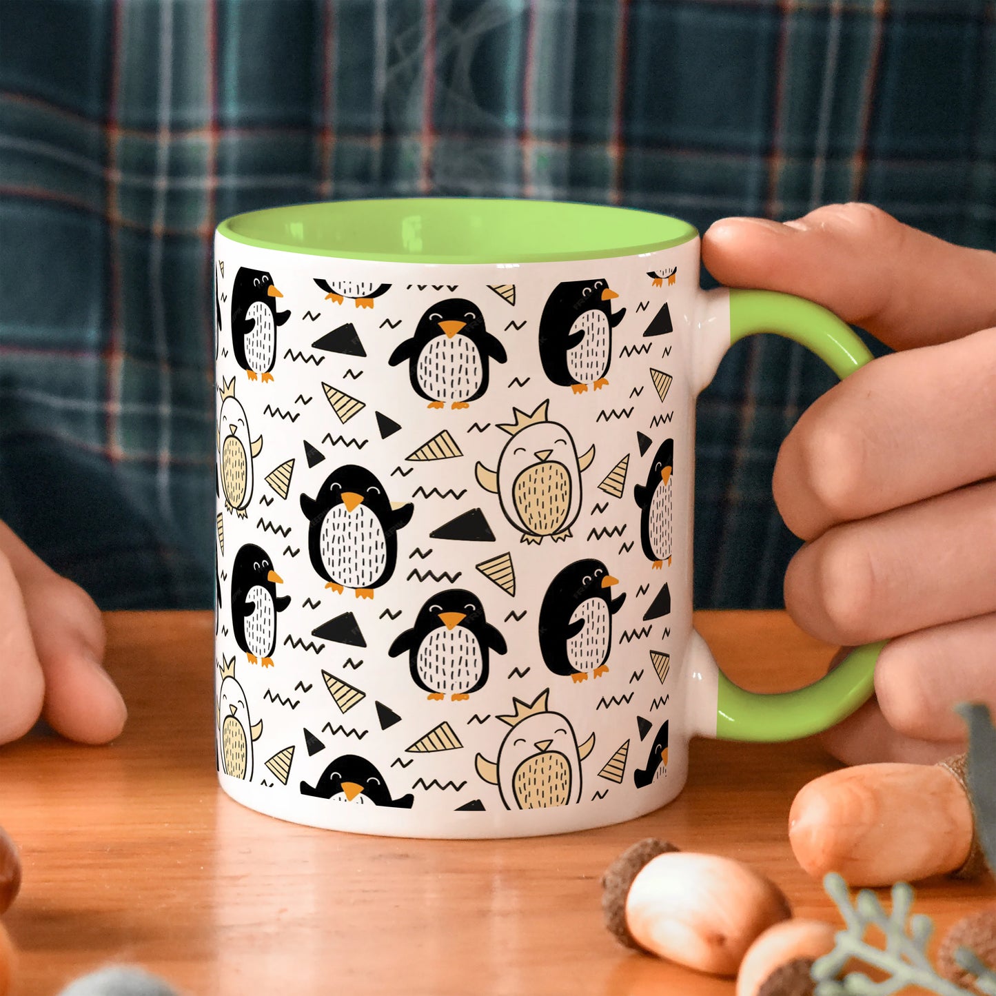Hand drawn penguin doodle pattern Light Green Handle 330 ml Coffee Mug